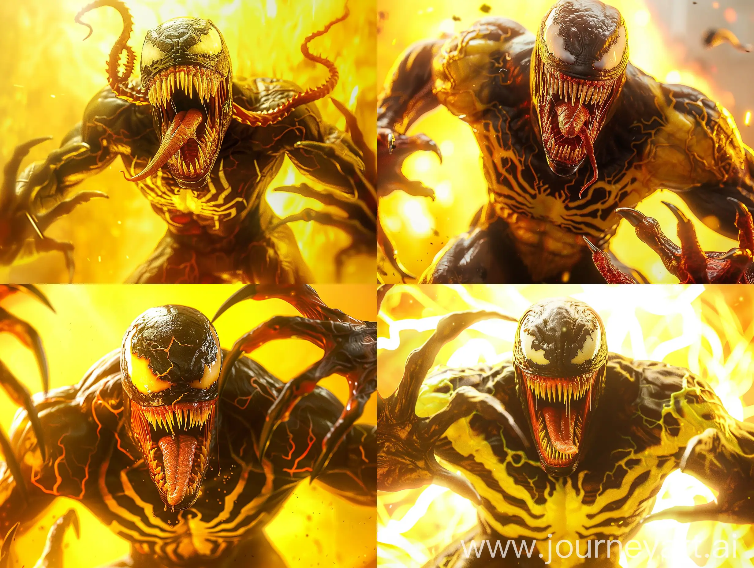 Beautiful yellow-red Venom from Marvel jumps into the camera and open mouth, hands with claws reaching into the camera, beautiful bright background, bright colors, realism, ultra detail, cinematic, 8k, hd