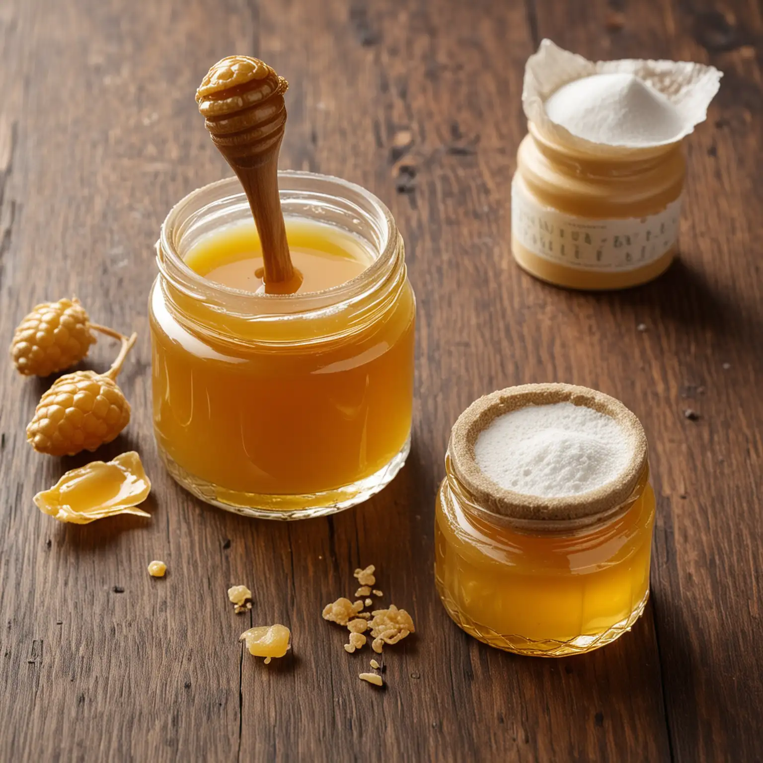 Create an image depicting royal jelly in both its liquid and powder forms. The liquid royal jelly should be shown in a small, elegant glass jar, with a spoon beside it dripping the viscous, golden substance. Next to it, display a small mound of fine, white powder royal jelly on a smooth, dark wooden surface, with a small scoop partially filled with the powder.  Ensure the image evokes a sense of purity and natural wellness.