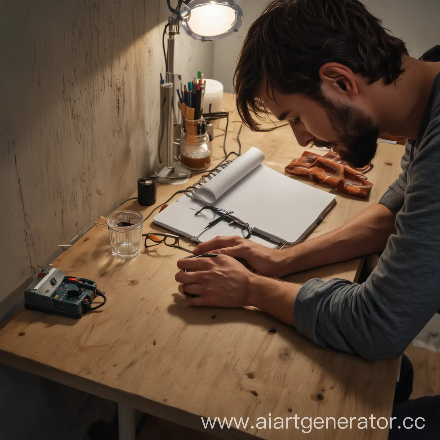 Man-Working-at-Table-with-Notebook-and-LED-Strip