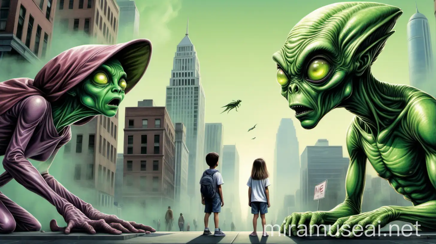 Highly detailed painting, wide view, in a city a boy and a girl stare in surprise at a green alien creature, use only muted colors, high quality, full size