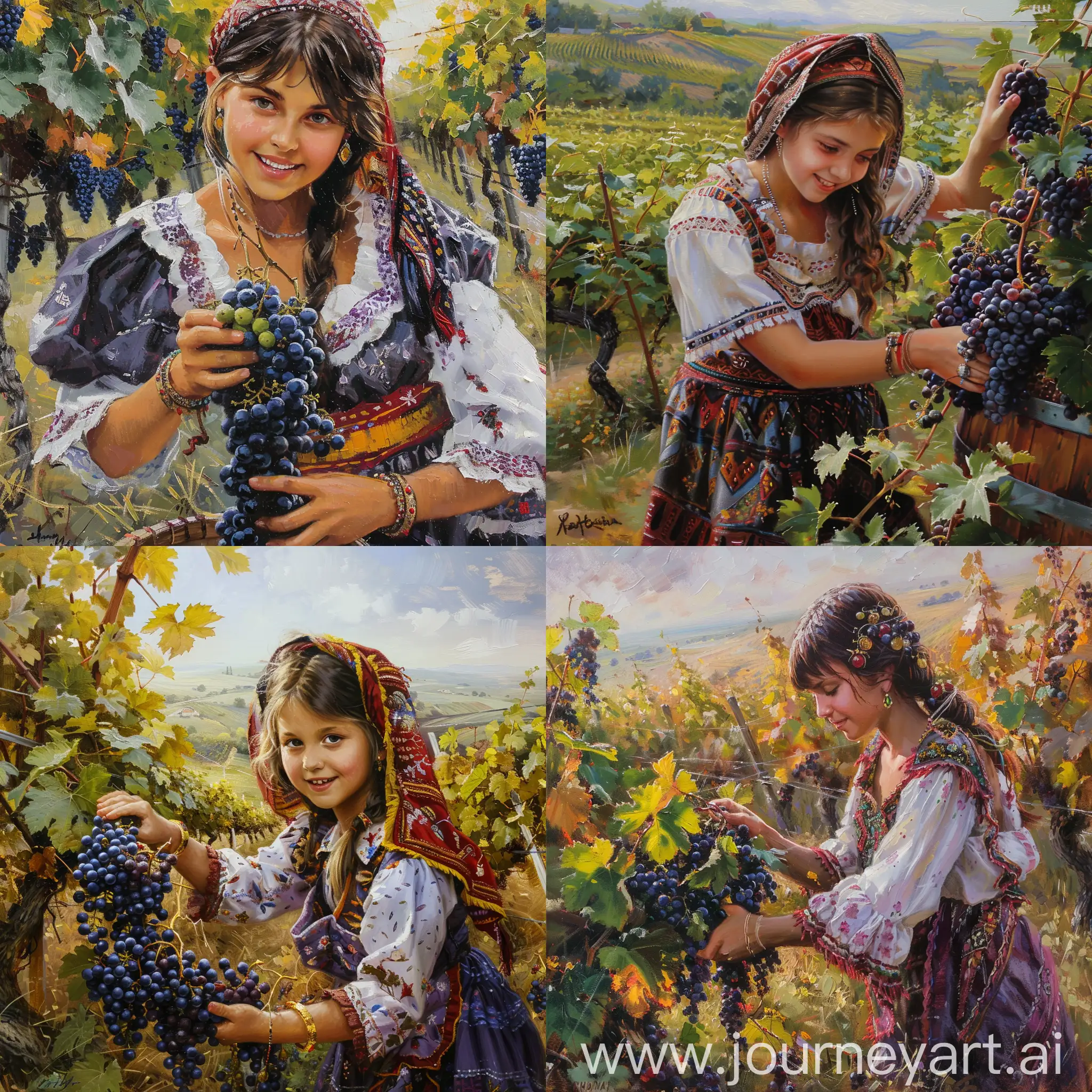 oil painting, masterpiece, best quality, ultra-detailed, 8K, oil paint style, realistic, light, film grain, light  atmosphere a beautiful Moldovan girl collects grapes, a vineyard, Moldovan traditional clothes, a gentle smile, a beautiful landscape
