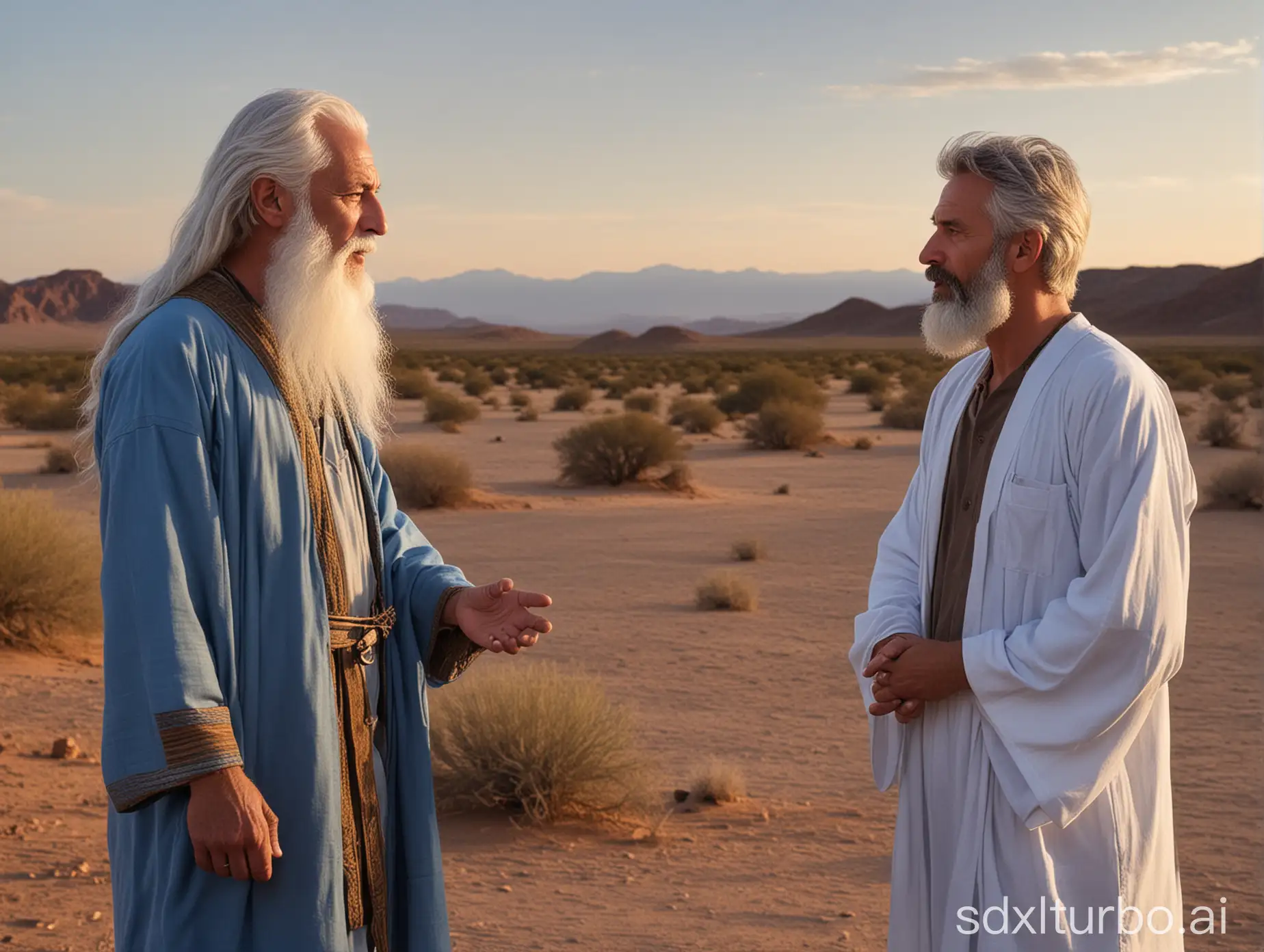 In this image, we see two men engaged in conversation against the backdrop of a desert sunset. The man on the left is an older man with white hair and a gray beard, dressed in a blue robe that suggests he is a religious figure. His counterpart on the right is a younger man with long brown hair and a beard, dressed in a brown tunic that may indicate a rougher lifestyle. The contrast between his attire and the serene desert scenery creates a sense of dialog between different worlds or times.