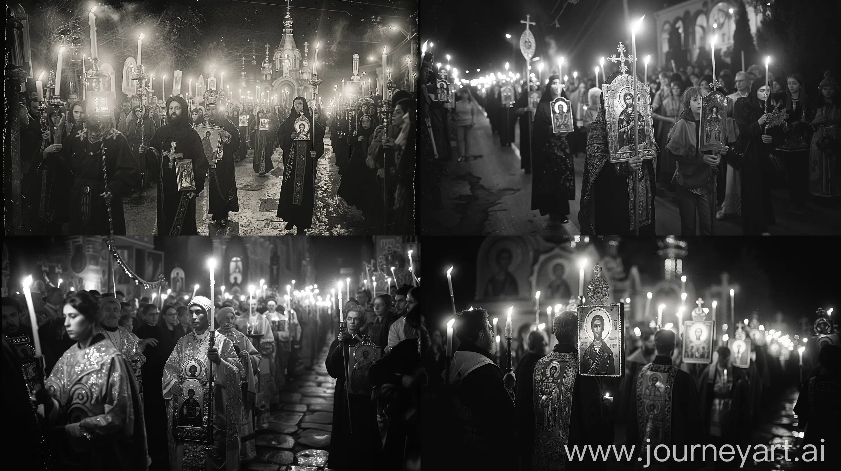 A vintage photograph of an Orthodox Easter procession, people holding candles and icons, black and white, grain effect, hasselblad 500cm --ar 16:9 --s 250
