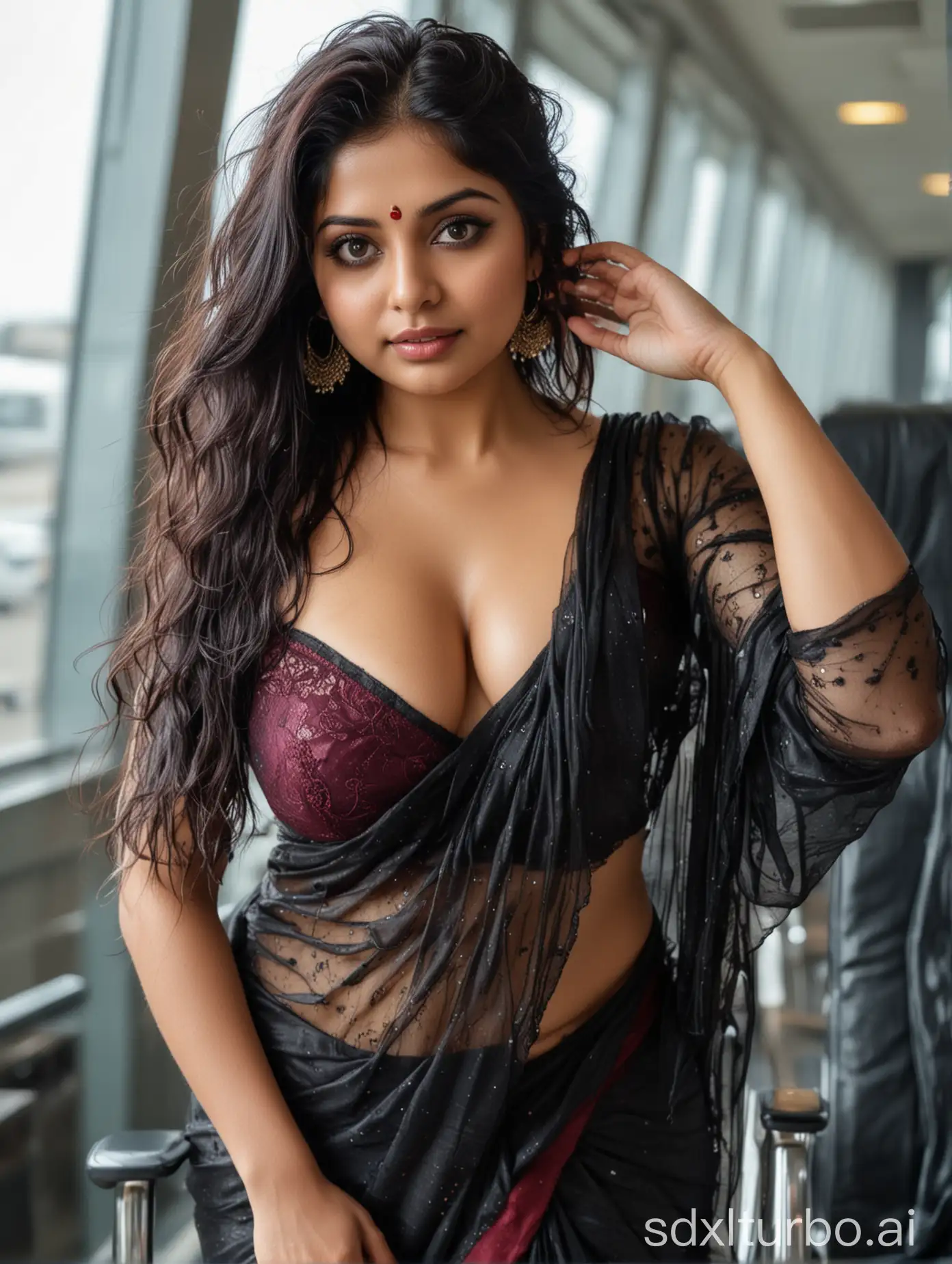 wet messed up hair, flowy hair, wearing Womens See Through black saree with deep v cleavages, curvy indian woman, she has a enormous breasts, busty body, big eyes, perfect wine eyes, fantastic face, beautiful look, with Plump female body, she has a busty body, She is showing deepest v cleavage. Her hair is styled in loose waves. blurred background, full body view until calf. She is standing on the chair at airport. side view.