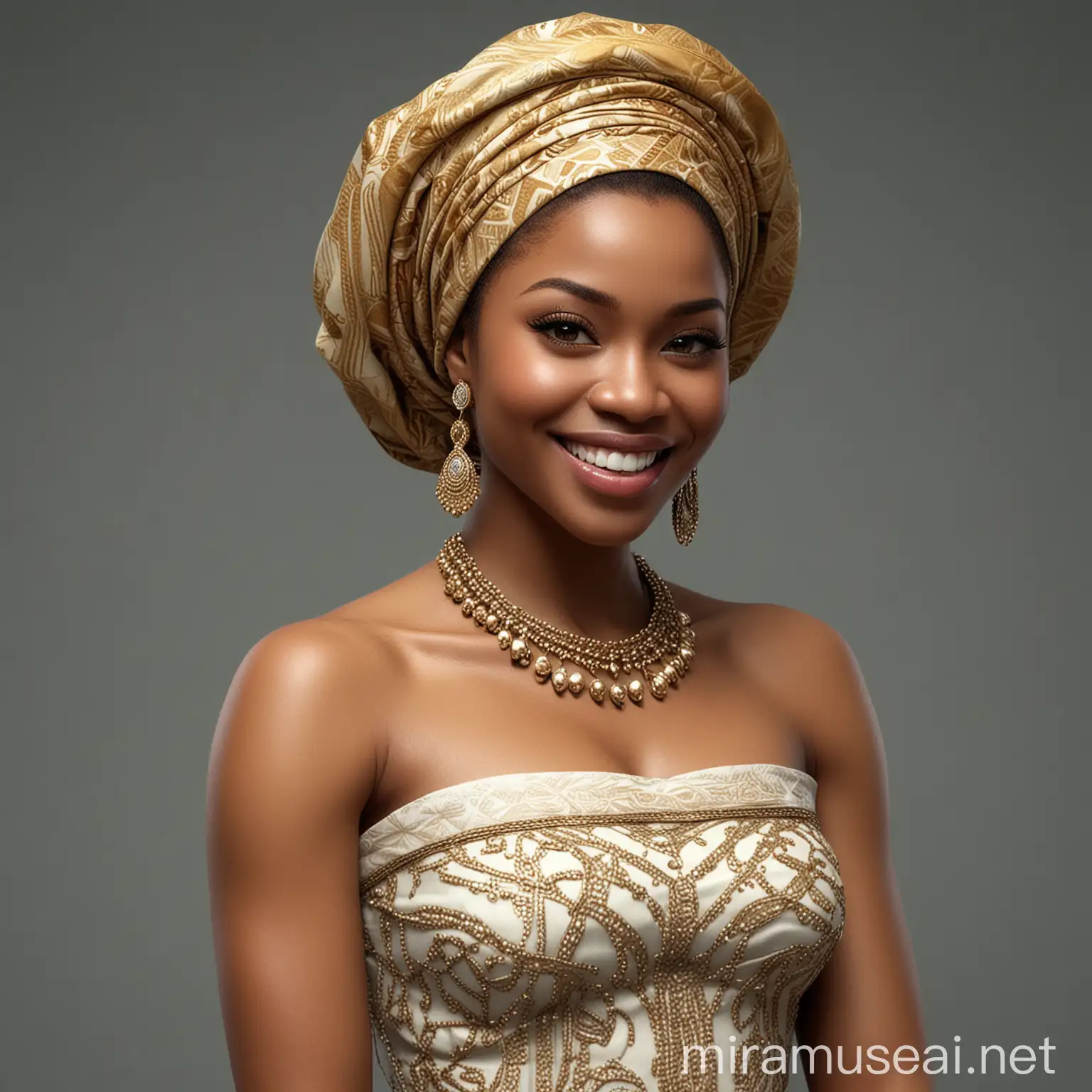very beautiful, light skinned, sexy Nigerian queen, smiling, very attractive , full body shot, detailed eyes, photorealistic, very great detail