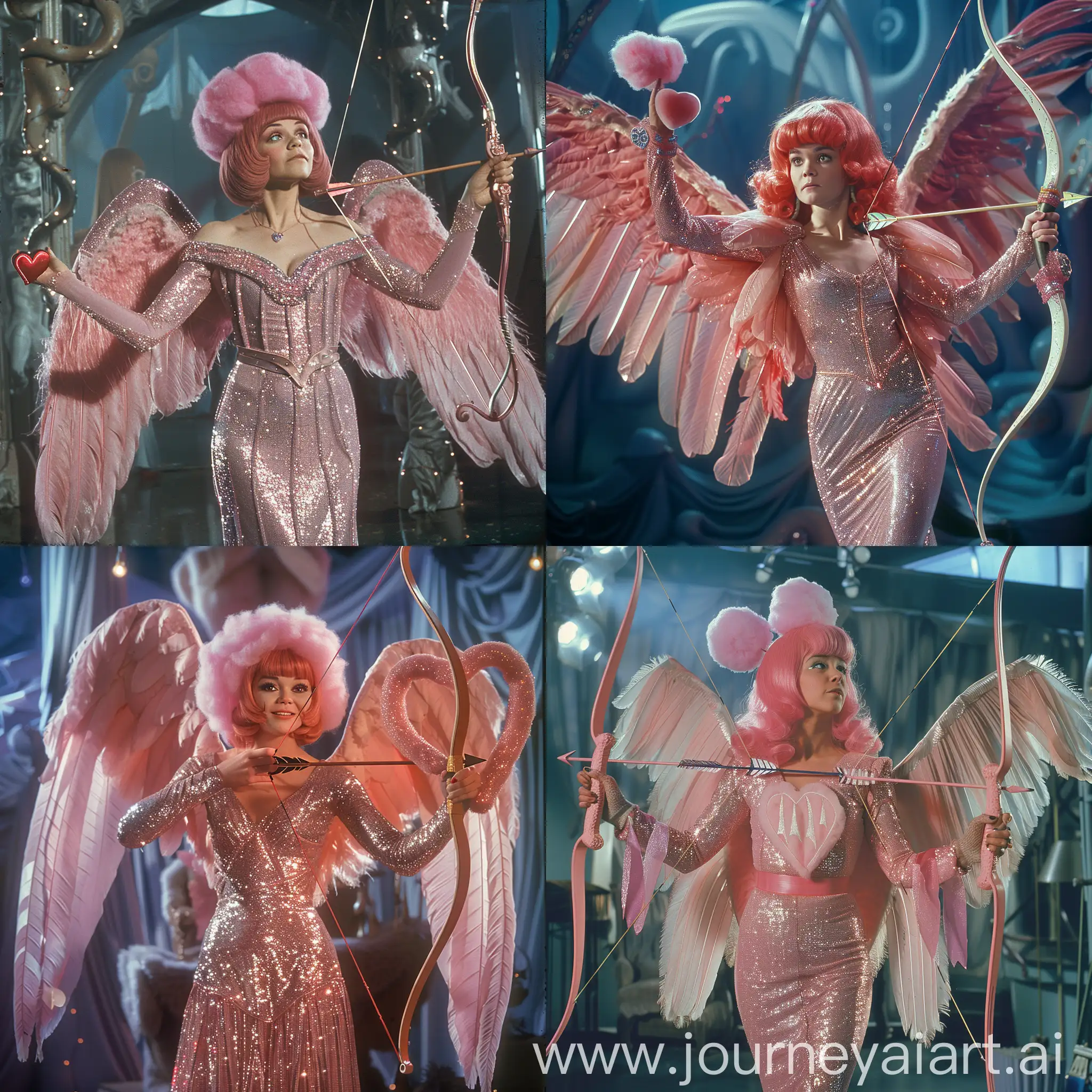  a woman cupid with pink cotton candy hair wearing a long sleeve glitter pink dress with huge wings holding a heart shaped bow and arrow  screenshot from pufnstuf 1969, PHOTOGRAPHY , ultra high resolution photograph, screengrab directed by J. J. Abrams,  refective LIGHT, cinematic lighting by Wayne Barlowe and John Blanche