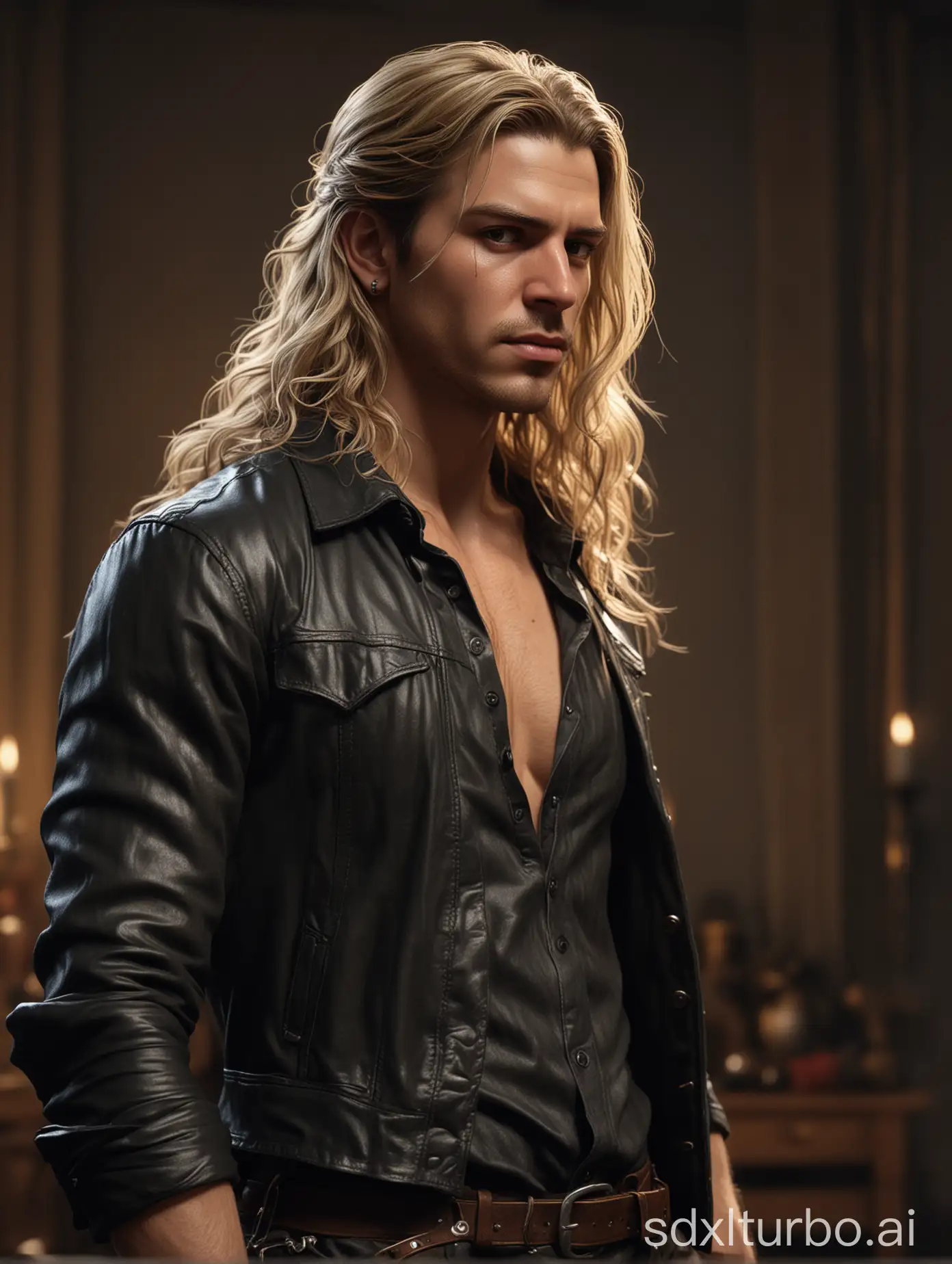 A powerful and handsome man with long blond hair, slightly wavy at the ends and a slight grin on his handsome lips, dressed in rocker clothes, stands fully visible up to his knees. In the background, there is a beautiful girl with long dark hair, looking confused with her hand pressed against her stomach, standing far behind him at a distance. Perfect composition, beautiful detailed intricate octane render, trending on ArtStation, 8k, photorealistic concept art, soft natural volumetric cinematic light, chiaroscuro, masterpiece, Caravaggio, Greg Rutkowski