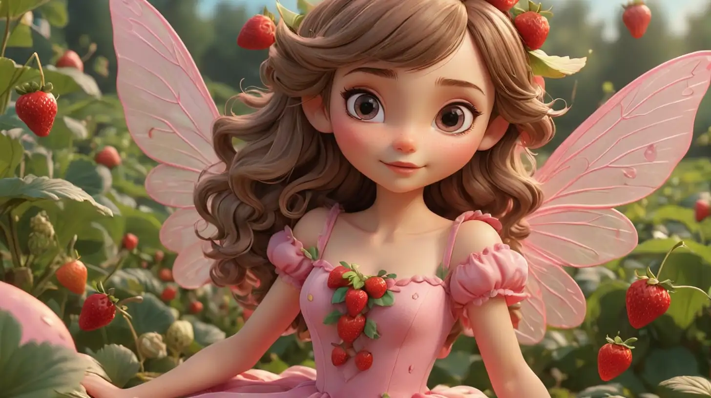 A beautiful fairy, 3D, Disney Style, with beautiful fairy wings, wearing a pink dress with strawberries on it, in a strawberry field