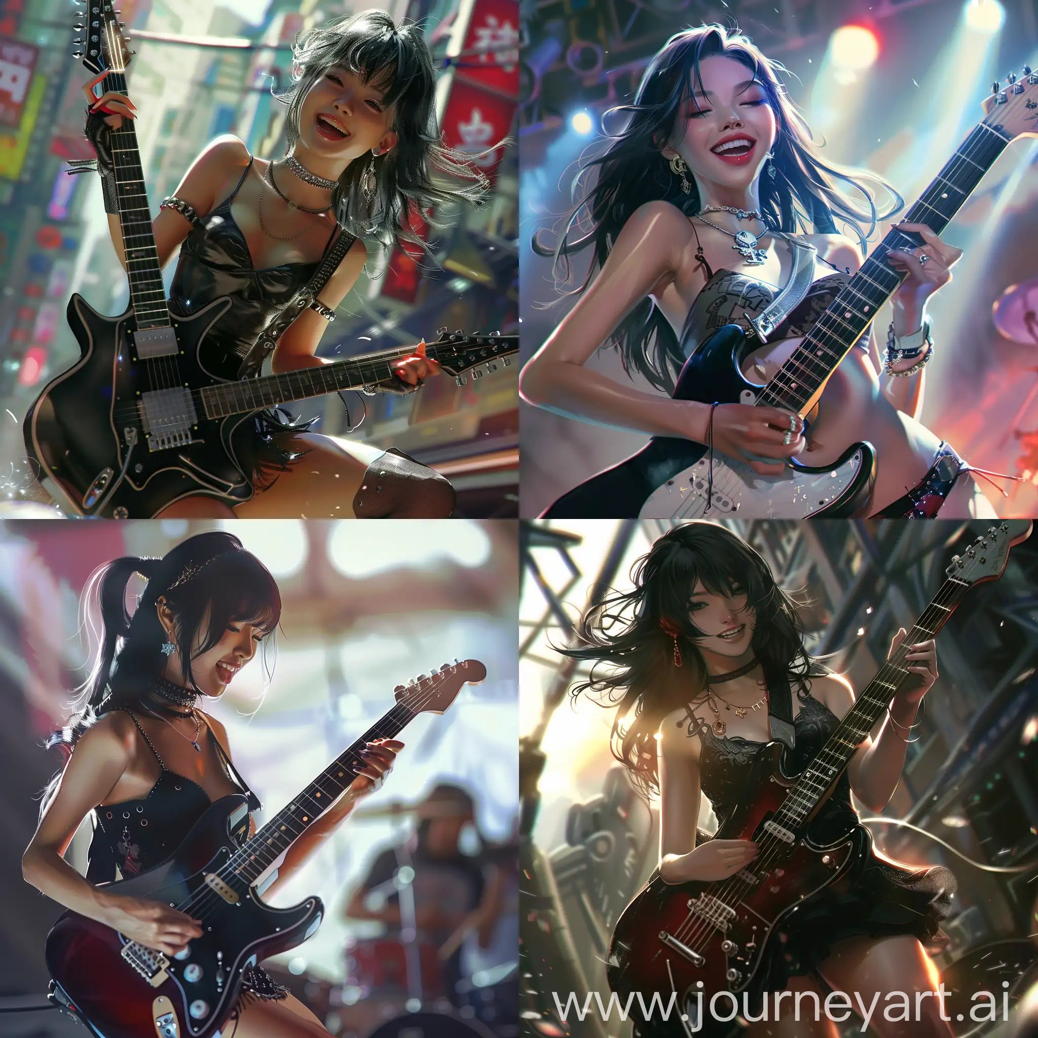 full body Shot , A rock&roll concerts , a happy and beautiful korean rock girl , black hair , wearing in a mini dress is playing the guitar , Sunny day, Happy scene . smiling , very realistic , ultra HD, creating a tense and dynamic atmosphere.