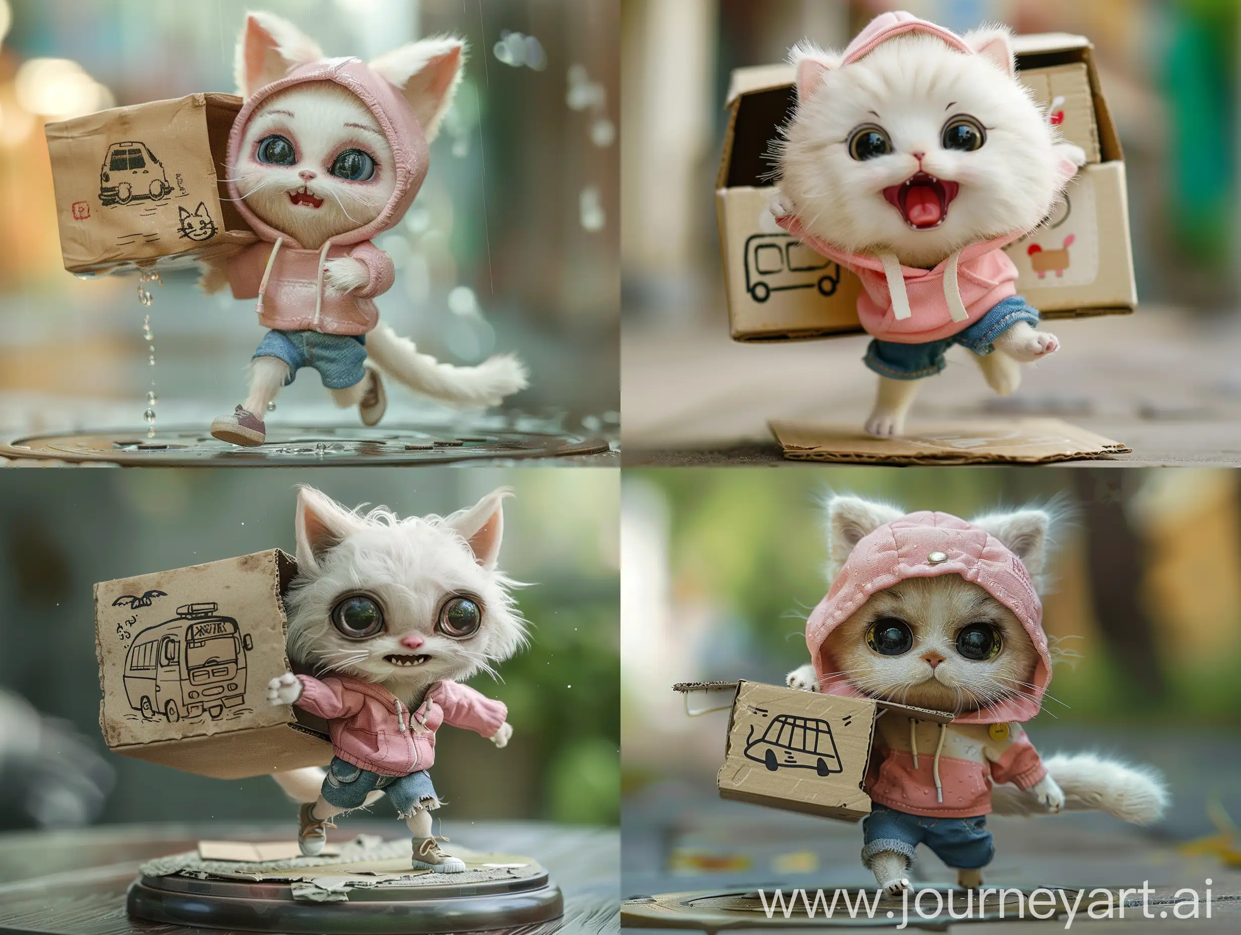 Prompt: A highly detailed, hyper-realistic photograph of a scale model figure, Super cute little kitten (white flur) with big expressive eyes, wears a pink hoody and shorts blue jeans. she put the cardboard box over the head, ranning and laughing, A childlike illustration of a bus is drawn on the outside of the cardboard box. The figure is designed in a stylized, animated manner, The base of the model is a simple round platform, and the background is blurred to keep focus on the figure. The lighting enhances the textures and colors, highlighting the craftsmanship and character of the model
