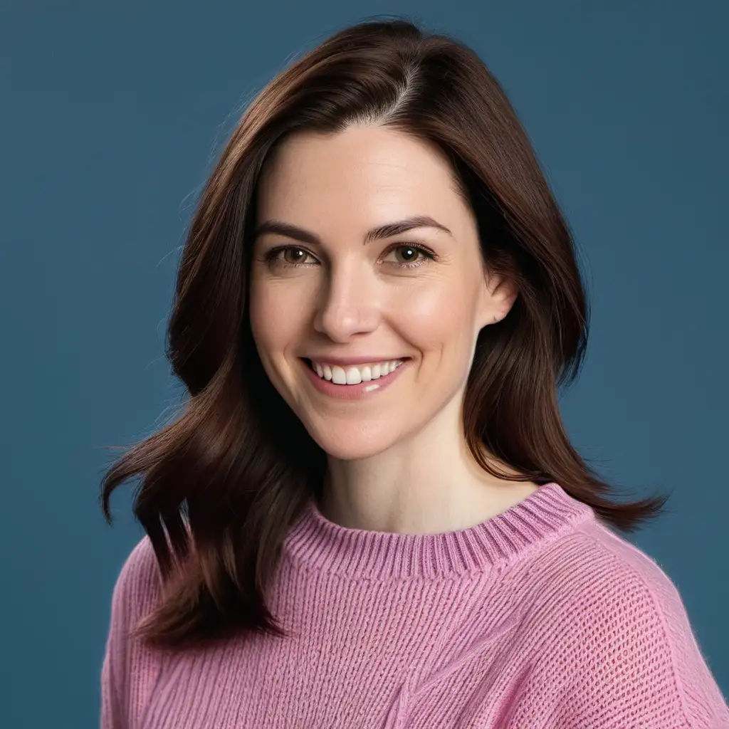 30 year old pale white woman with shoulder length chocolate brown hair parted to one side. She is smiling and wearing a pink sweater and blue jeans, facing camera against a white background