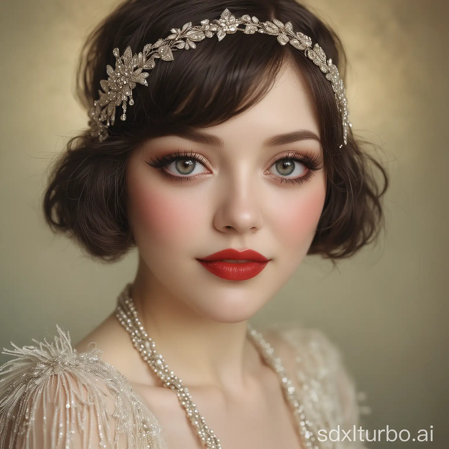 1920s charming delicate flapper girl, lovely smile, impressive eyes, long eyelashes, red lips, soft pastel colors, outstanding quality, dreamlike, highly detailed, beautiful, perfect lighting, award winning art by Bella Kotak, Megan Howland and Dorian Vallejo .