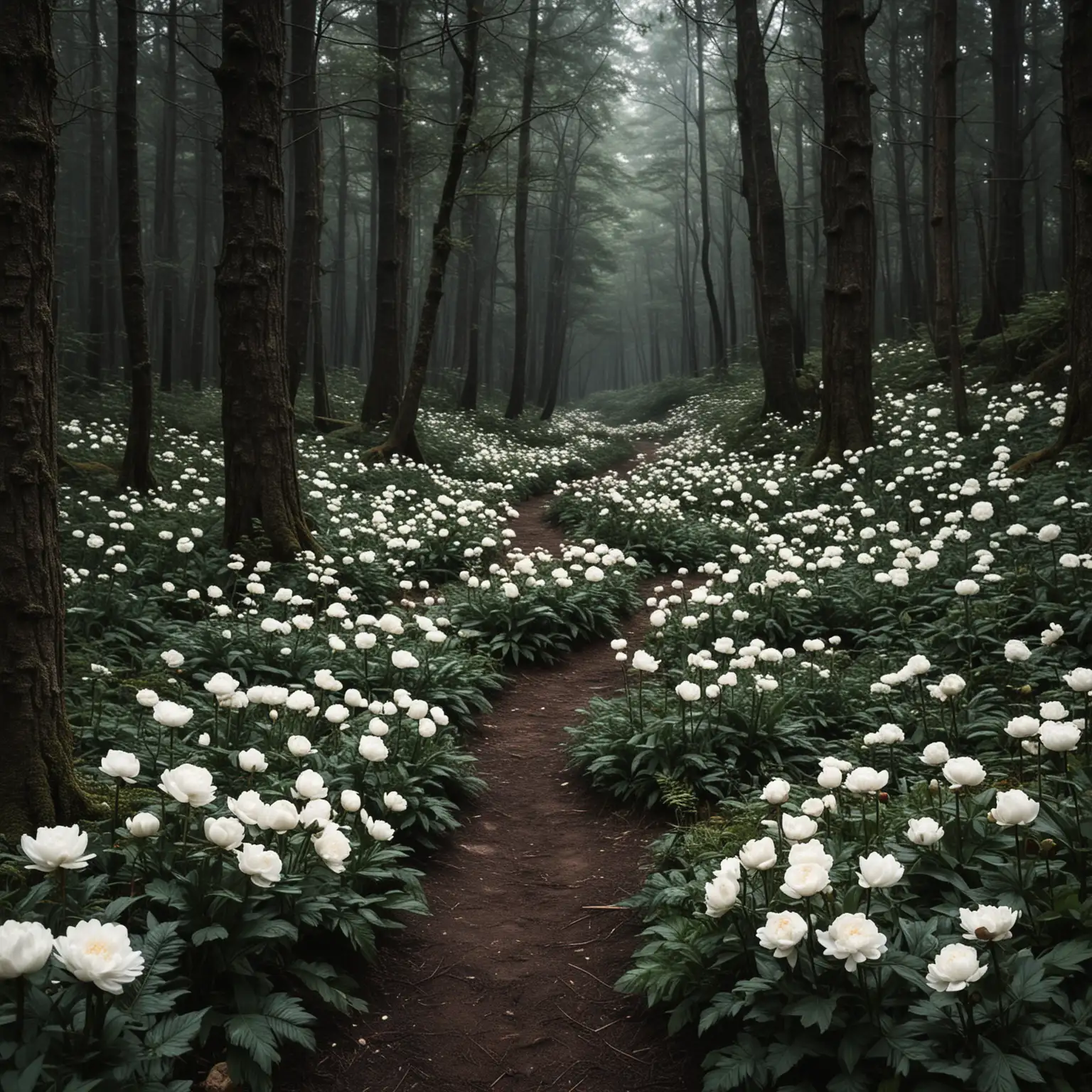 Dark Forest Path with White Peonies and Mushrooms