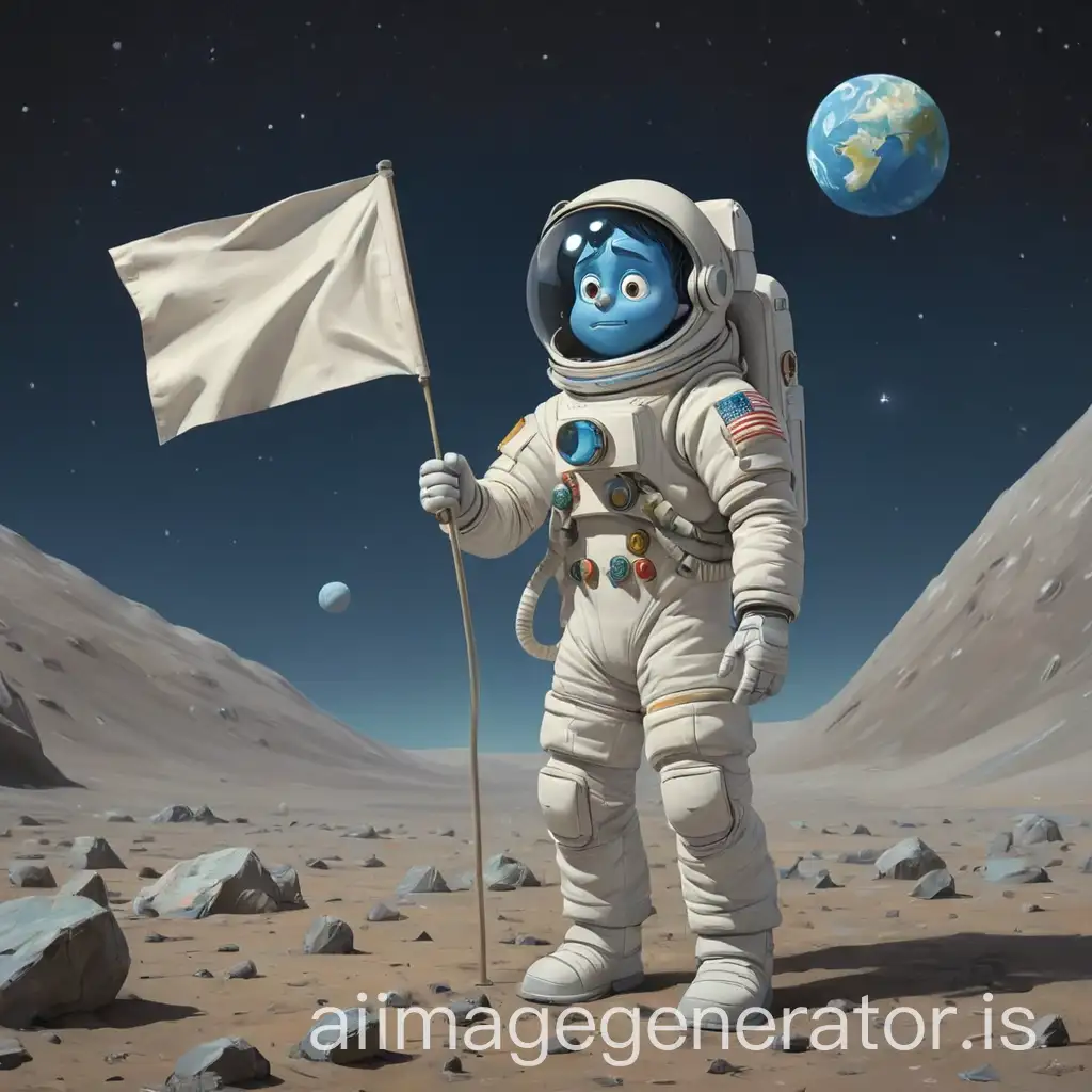 Matt Furie's the boy's club comic blue character Brett , he is in space astronaut on the moon and hold a blank white  flag, full body , some planet in background, a spaceship in background , Earth 🌎 in background looking clearly and small character no watermark