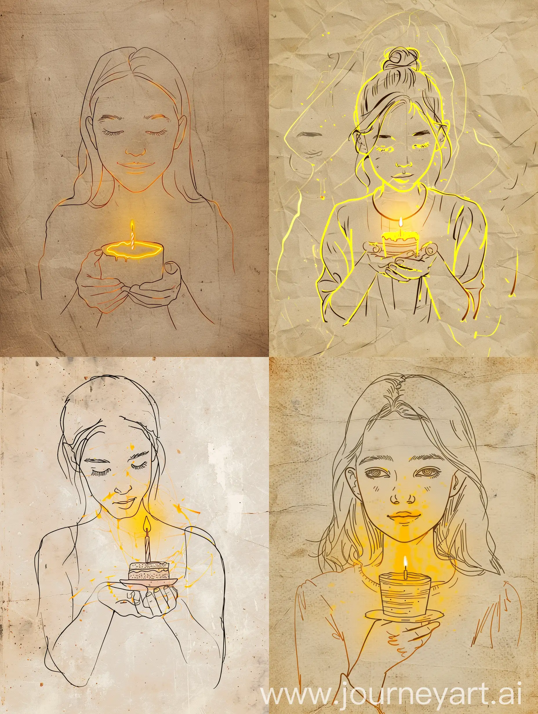 a very simple and minimalist outline sketch/line drawing portrait on old paper depicts a young beautiful girl holding a small cake with one lit candle on it. The yellow light from the candle illuminates her face in the drawing, creating the illusion of three-dimensional depth on the minimalist outline illustration. 