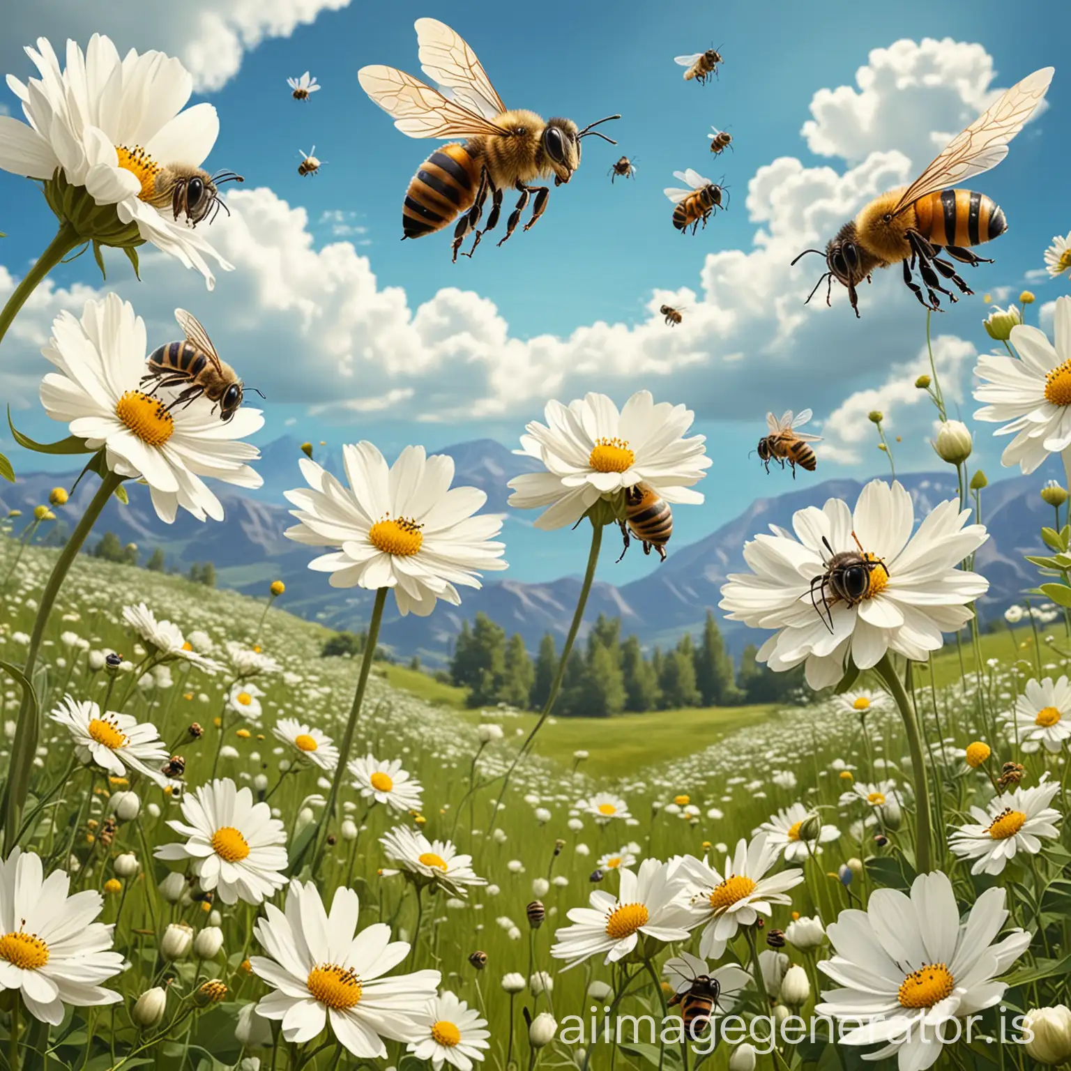 Grupo de abejas en estilo de  caricatura volando y forrajeando por encima de una pradera llena de enormes flores blancas