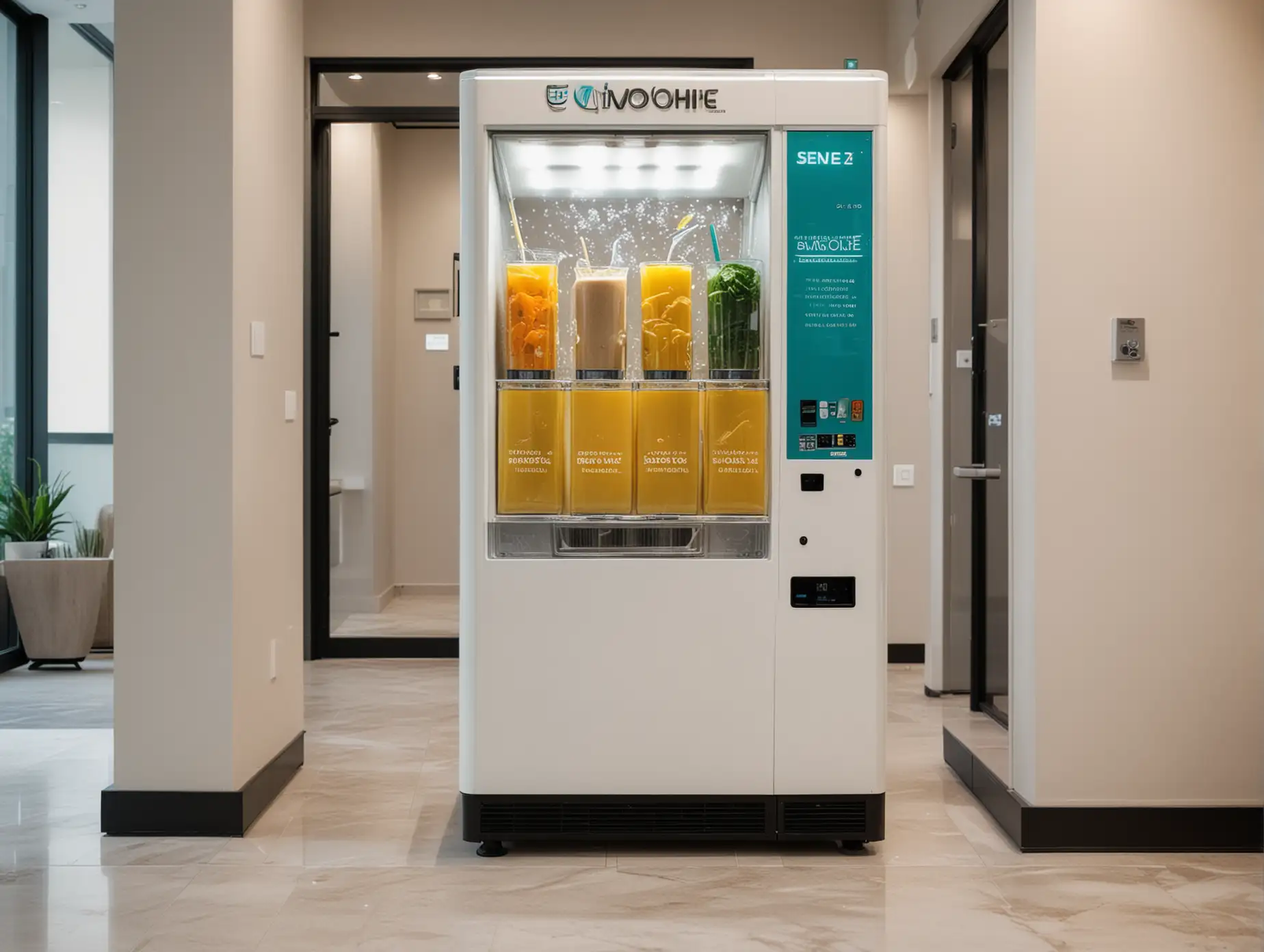 A smoothie making vending machine, white, teal and dark yellow, in a glass wall hallway at a luxury condo lobby 