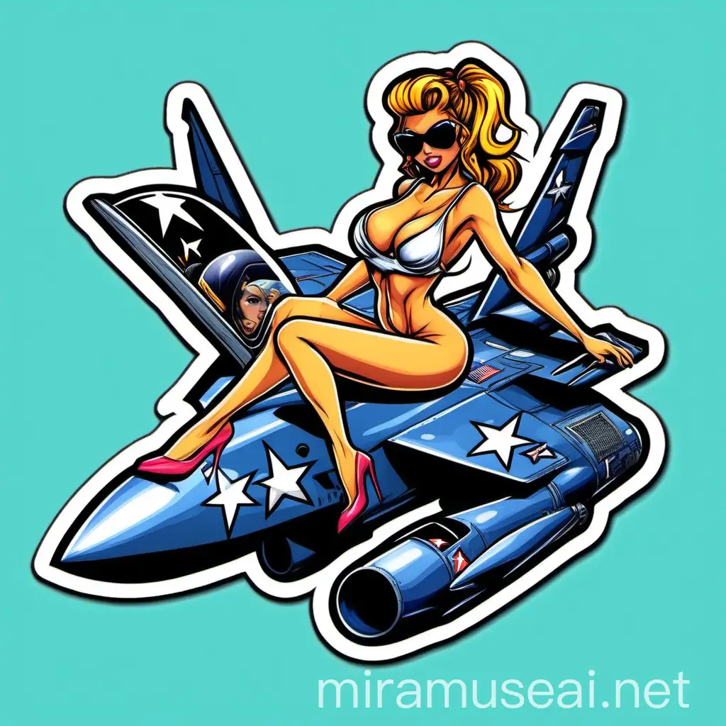 Cartoon sticker of A sexy stripper sitting on f15 fighter jet with blue hammer in her hand