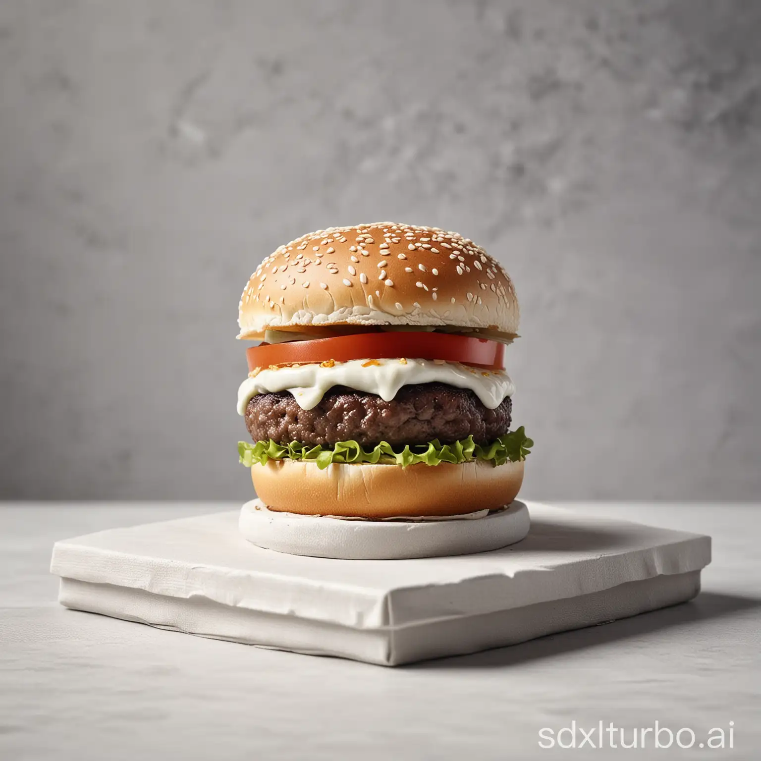 Hamburger in the style of split toning, porcelain, selective focus, unprimed canvas, gesture, natural minimalism, white and gray