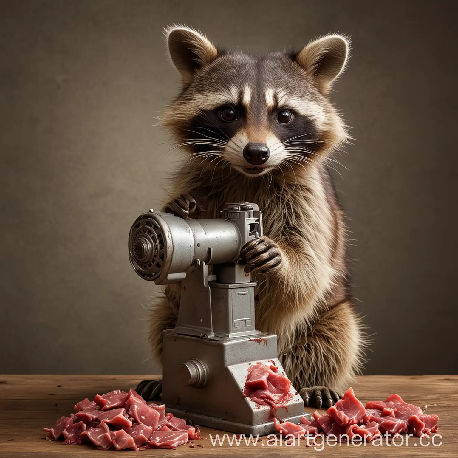 Raccoon-Using-a-Meat-Grinder-in-a-Rustic-Kitchen