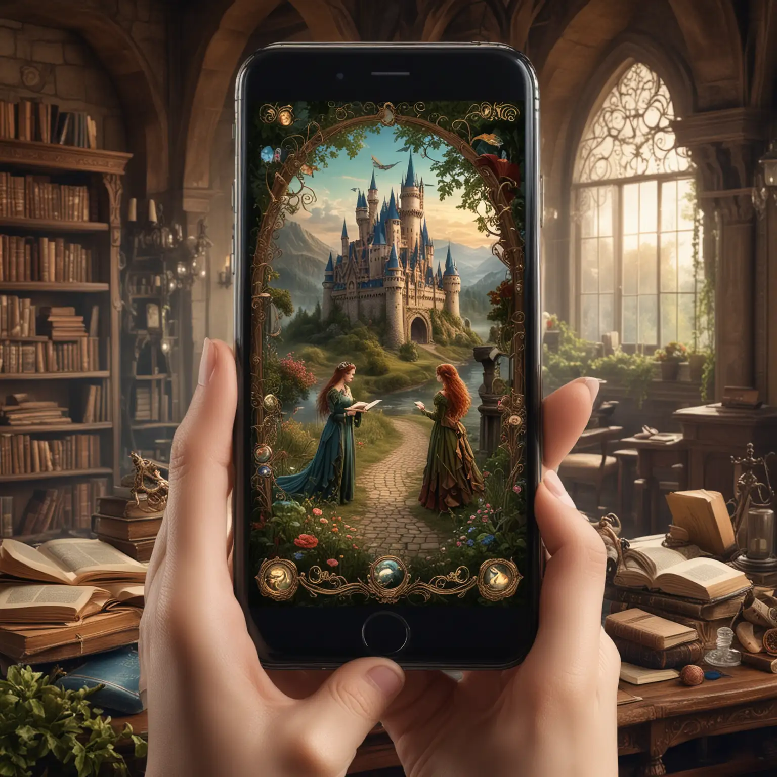 A beautiful Victorian-era photo of the "Threads" app on your phone. The phone screen displays an image of discovering magical worlds, beautiful magical books from the Victorian era. On the phone is supposed to be only the inscription "Threads," and the phone is surrounded by beautiful magic and fantasy fantasy of the figure of only one beautiful dragon, beautiful only one magical elf and various beautiful magical creatures from myths, legends, fairy tales. In the background a magical beautiful castle. The magic of fantasy.
