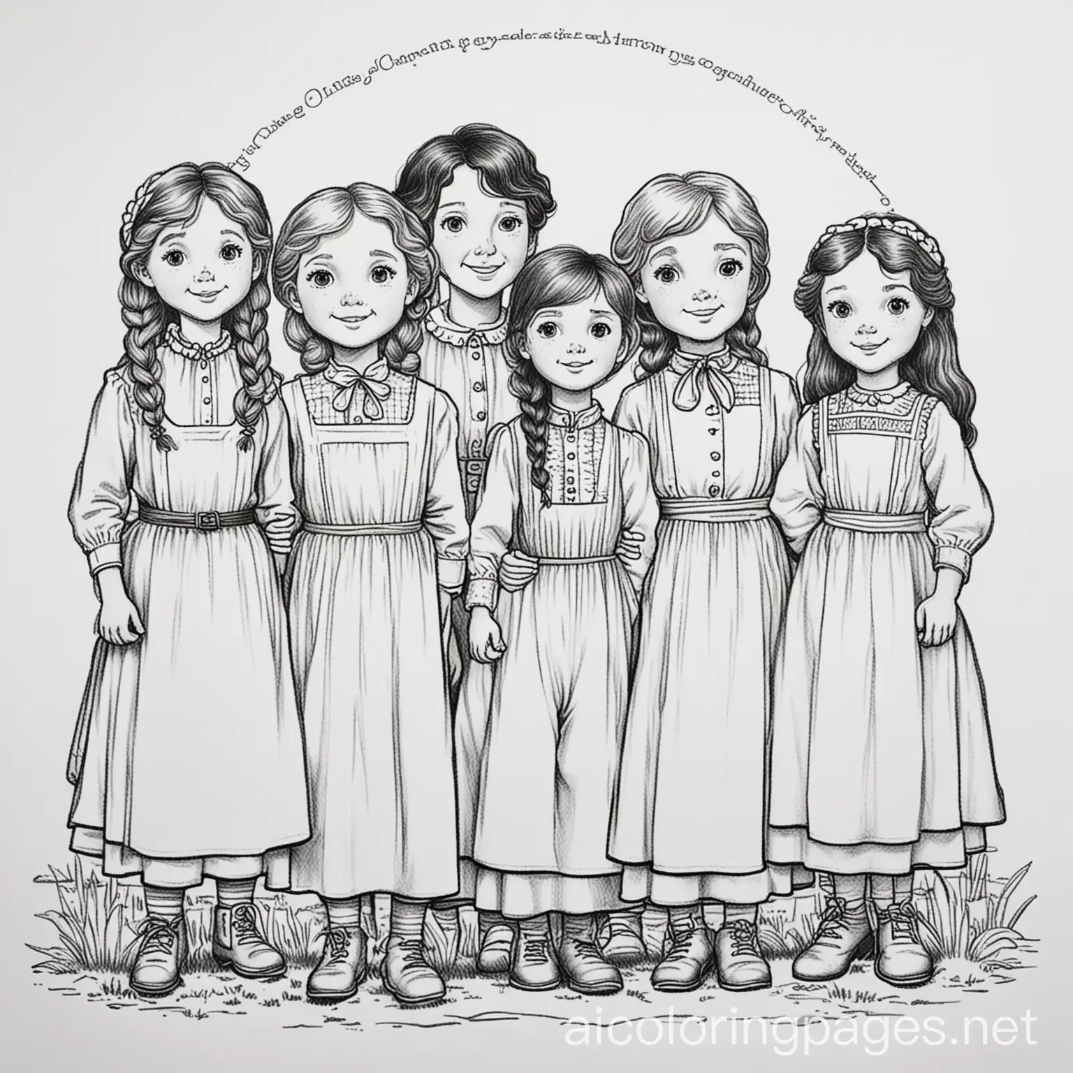 Little House on the prairie characters, Coloring Page, black and white, line art, white background, Simplicity, Ample White Space. The background of the coloring page is plain white to make it easy for young children to color within the lines. The outlines of all the subjects are easy to distinguish, making it simple for kids to color without too much difficulty