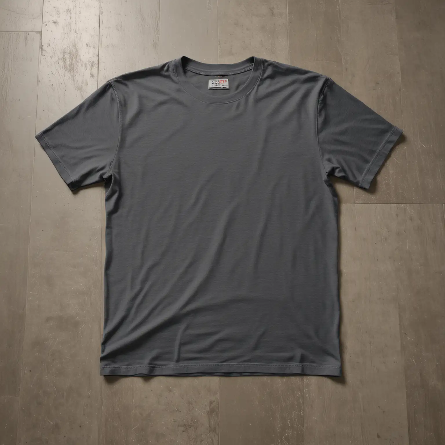 HYPER REALISTIC textured ironed simmetrical proportional 100% cotton bella canvas 3001 asphalt tshirt no wrinkles, lied on floor seen from above with solid contrasting background floor