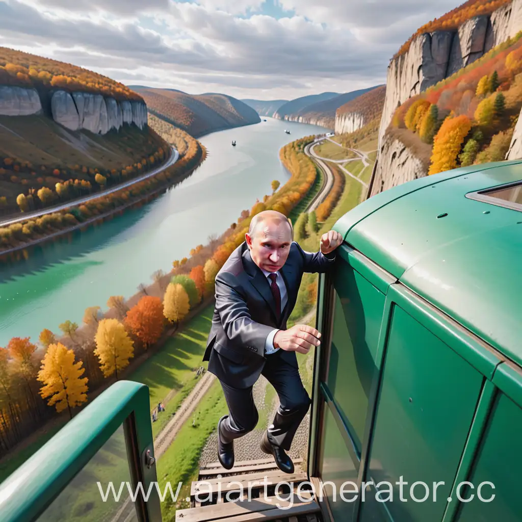bird view, ultra detailed, 65 years old real face putin , reallook hand, real leg,jump off from a moving green train cabinet narrow door on tall cliff  to lower lake,autumn, cloudy,