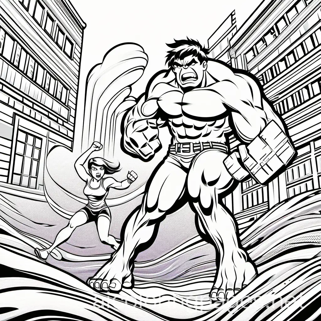 coloring sheet with the hulk fighting teen girl with short hair, Coloring Page, black and white, line art, white background, Simplicity, Ample White Space. The background of the coloring page is plain white to make it easy for young children to color within the lines. The outlines of all the subjects are easy to distinguish, making it simple for kids to color without too much difficulty