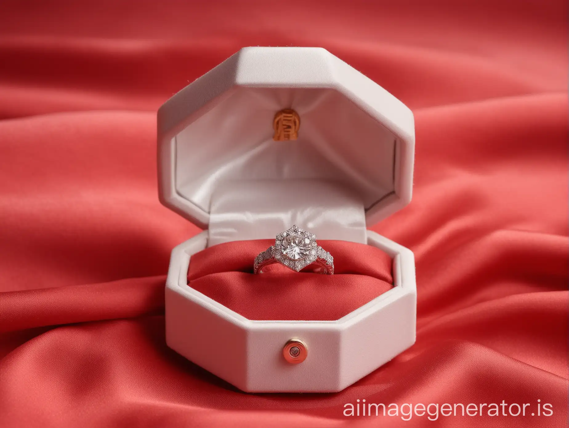 white dimond ring,jewellary box, red silky clothes on background