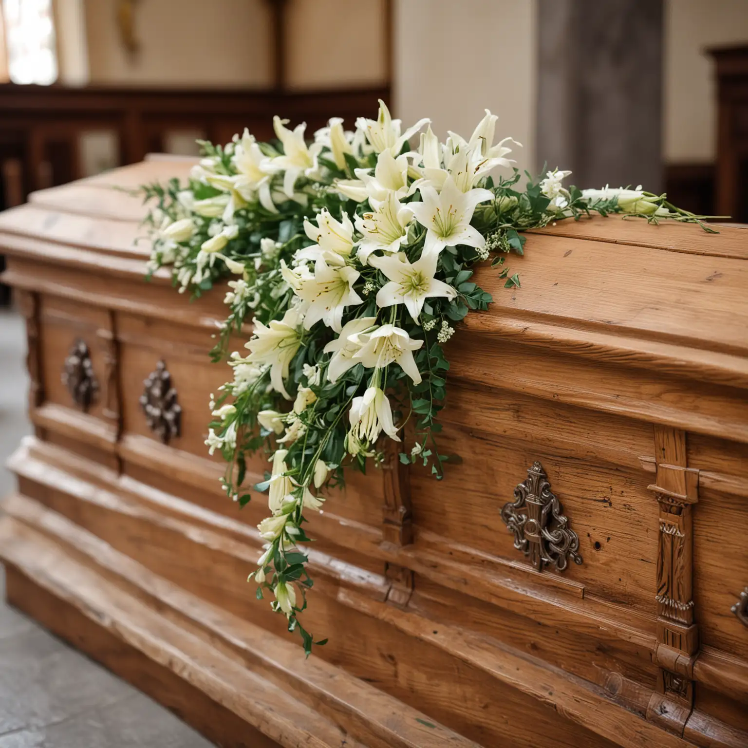 Lilies Adorned Wooden Coffin in Church Setting