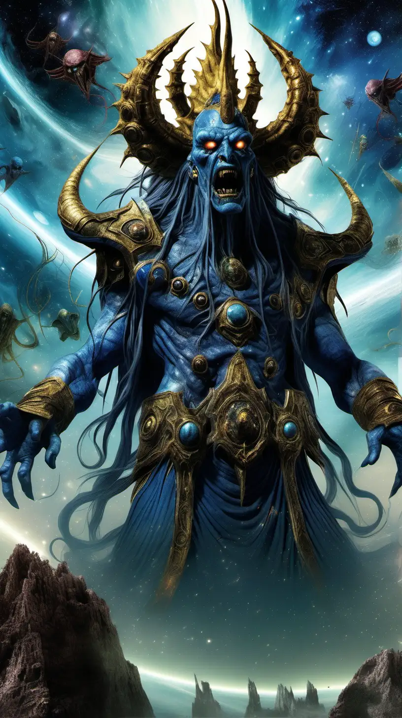 enourmous giant Tzeentch with demonic face and skin crawls with constantly changing faces that leer at and mock all who look upon him, meditating in the mid of galaxies, from Warhammer 40000, the universe of darkness on background, hyper-realistic, photo-realistic