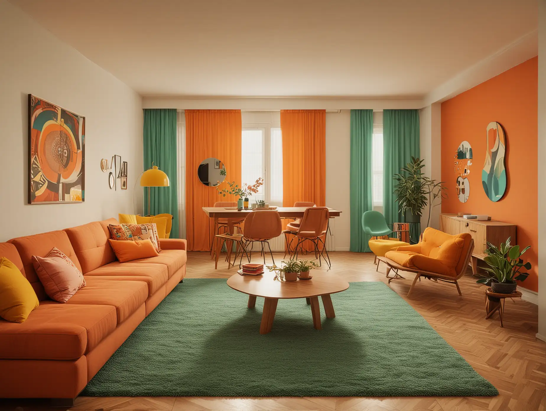 Retro 70s Apartment Design with Vibrant Colors