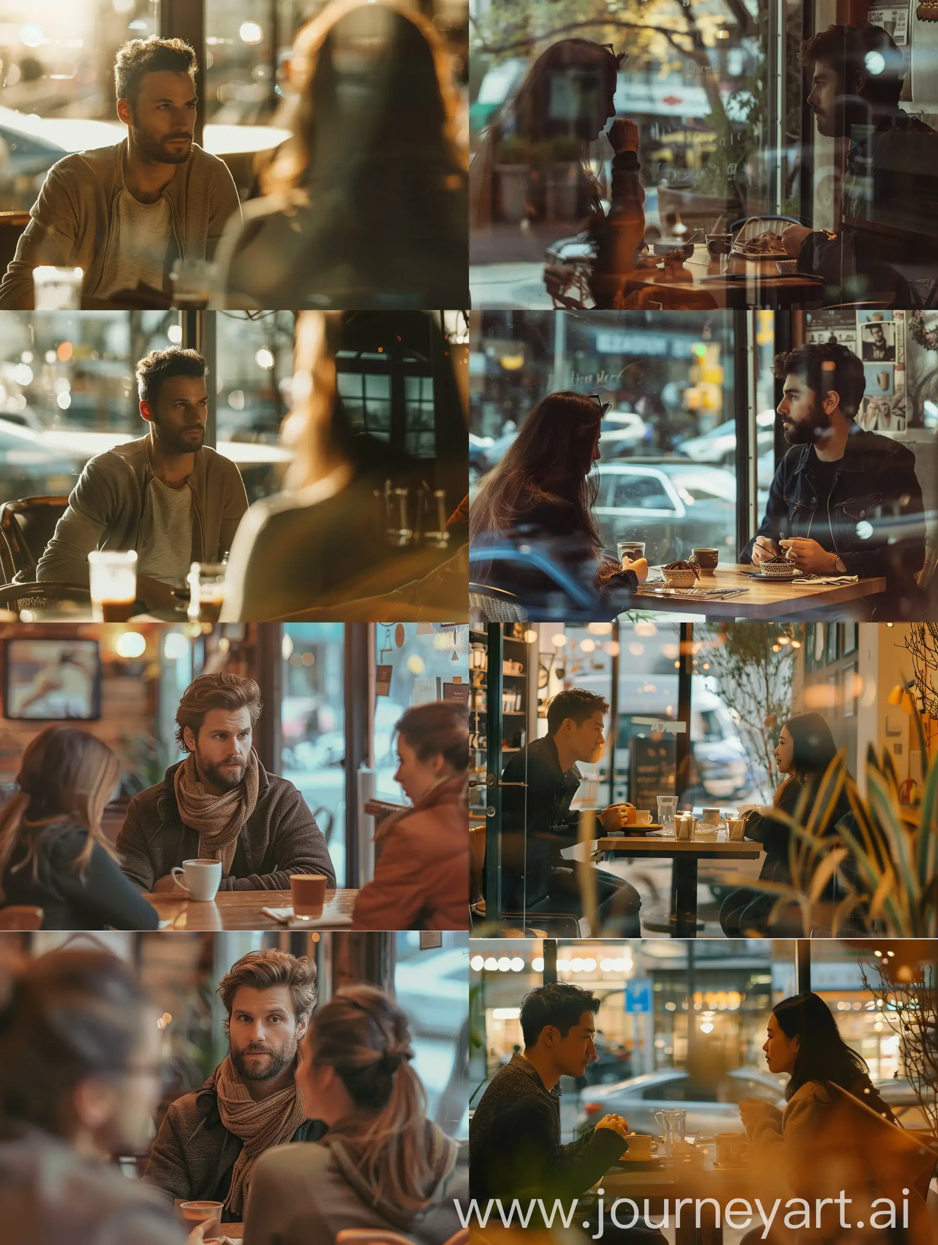 collage of 3 images from different angles, a cinematic shot, a man with his girlfriend in a offee shop, are seated at a table, engaged in a conversation.
