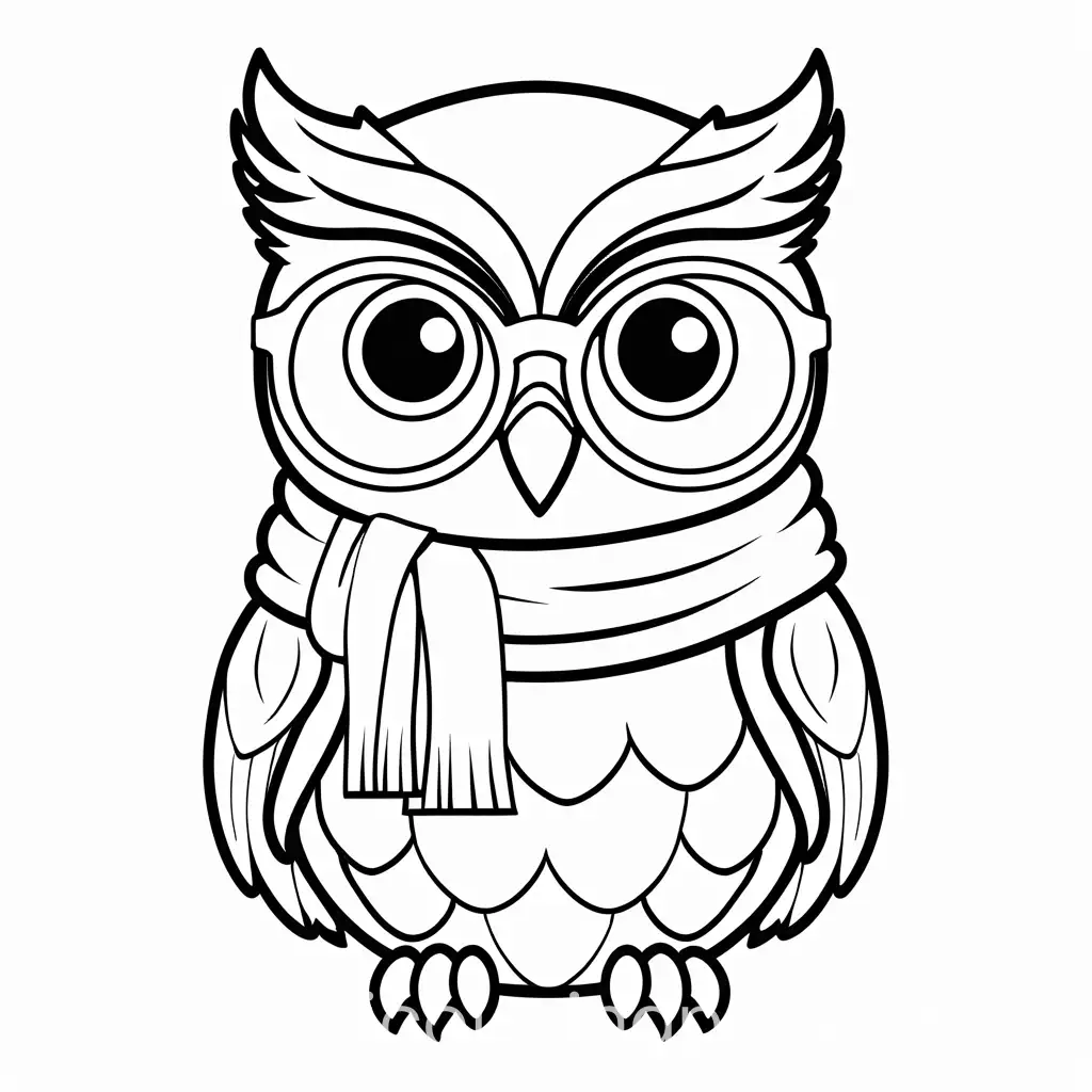 cute owl wearing big rim glasses and a scarf, Coloring Page, black and white, line art, white background, Simplicity, Ample White Space. The background of the coloring page is plain white to make it easy for young children to color within the lines. The outlines of all the subjects are easy to distinguish, making it simple for kids to color without too much difficulty