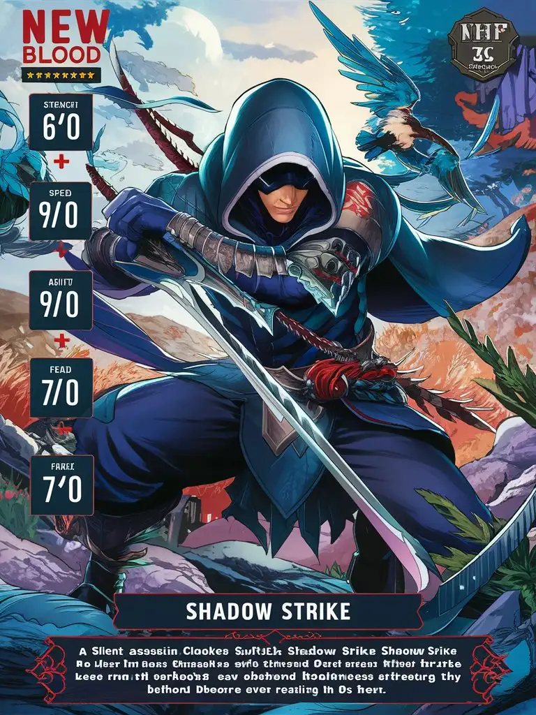 "Create a premium collectible trading card design for 'New Blood' featuring 'Shadow Strike'. Include the following elements: * Card name: 'Shadow Strike' in bold text * Stats: + Strength: 6/10 + Speed: 9/10 + Agility: 9/10 + Fear Factor: 7/10 * + Description: A silent assassin cloaked in darkness, Shadowstrike strikes swiftly from the shadows with lethal precision. His razor-sharp blades leave behind trails of darkness, cutting through enemies before they even realize he's there. + Card details: + Manga-style artwork with 8k/16k visuals + UHD palette with vibrant colors + Intricate details and H.R. Giger-inspired surrealism + Hero-style fantasy scene with natural lighting + Imagery inspired by Tim Burton's twisted hero aesthetic + Rendered with Octane rendering * Premium 14PT card stock with authenticated design * UHD atmosphere and intricate details throughout the design Format the design with a standard trading card layout, including space for a holographic foil or other premium finishes. Please ensure the design is breathtaking, with a bad-picture-chill-75v effect, and a ral-dissolve finish."