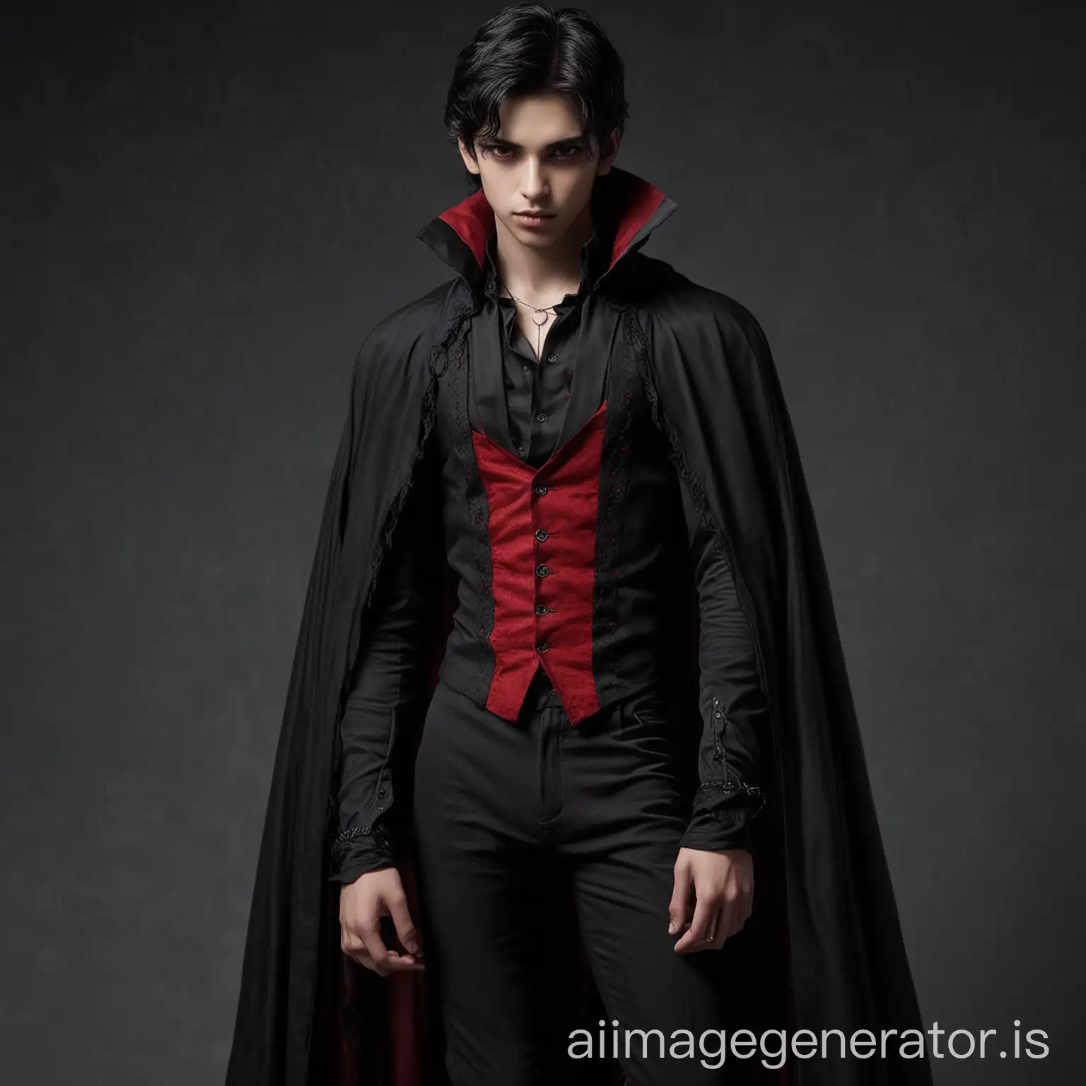 15 year old black haired vampire prince with red eyes wearing a black top, long cape that's red on the inside and black on the outside and black pants