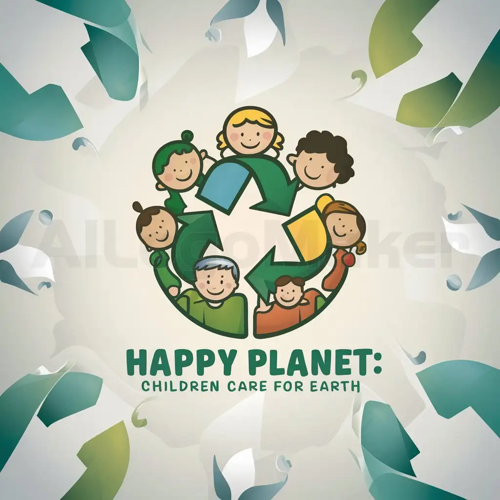 a logo design,with the text " Happy Planet "Children Care for Earth"", main symbol:niños  y  reciclaje,Moderate,clear background