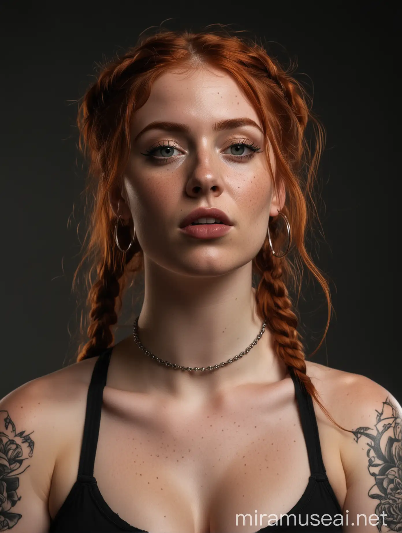 Realistic Photo, Renaissance pose, Woman, shinning light, freckles, redhead, braids, chubby, tattoos, hoop earrings, black tank top, BLACK lipstick,  TATTOOS, angry expression, dark background,