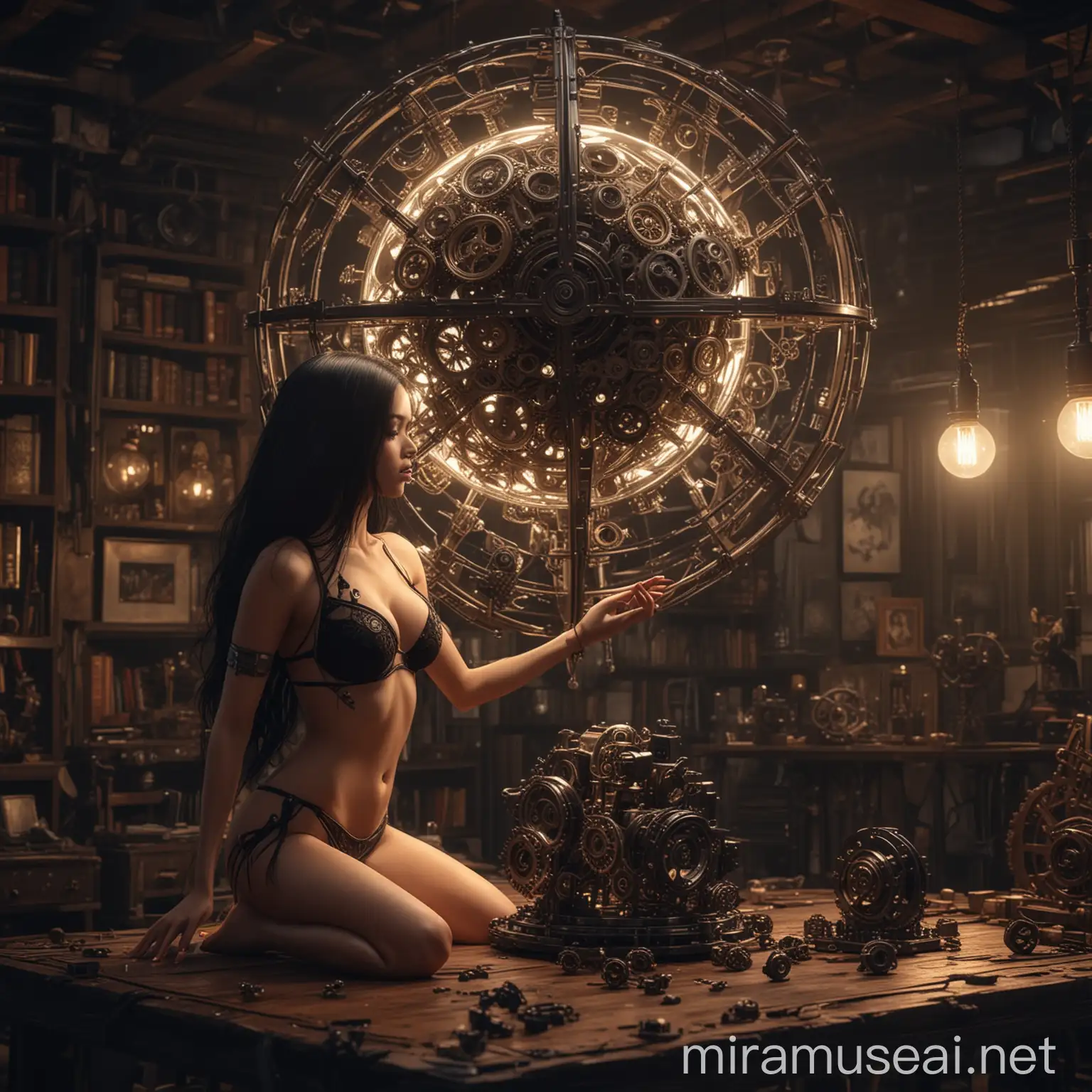 A beautiful young Indonesia woman with luxurious very long black hair, transparan bikini minimalis open bra assembles a magical mechanical sphere in a cube, a cache of gears on the table, many small gears, night, light from an old electric lamp, fantasy art, art, concept art renaissance, detailed, 8k, classicism, cyberpunk