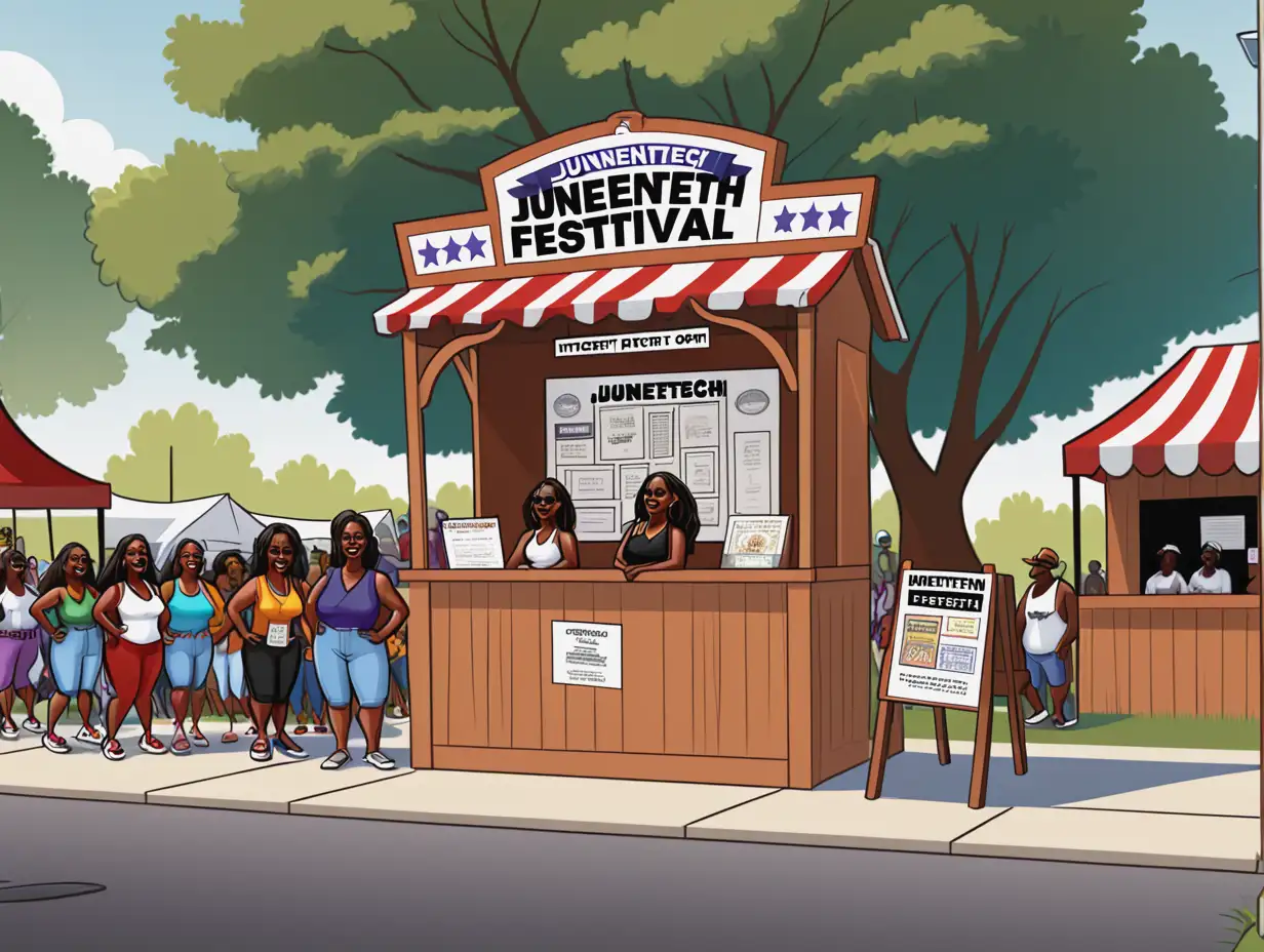 cartoon outside Juneteenth festival with entrance welcome sign and ticket booth