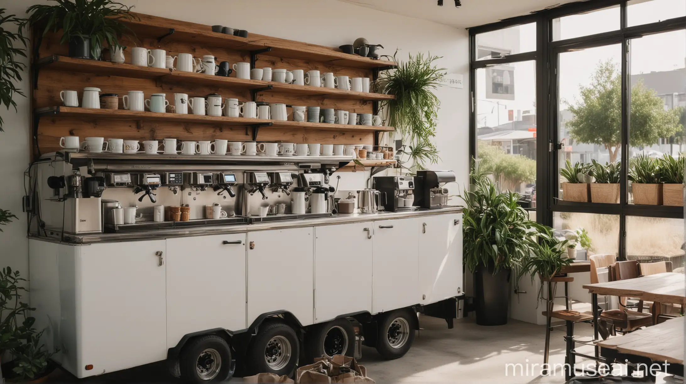 A wide-angle shot (taken with a Canon EOS 5D Mark IV) capturing the warm, natural light streaming through the open side of a sleek white coffee truck. The interior is minimal, featuring a polished stainless steel espresso machine and a few rustic wooden shelves holding minimalist ceramic mugs. A single, vibrant green plant adds a touch of life.