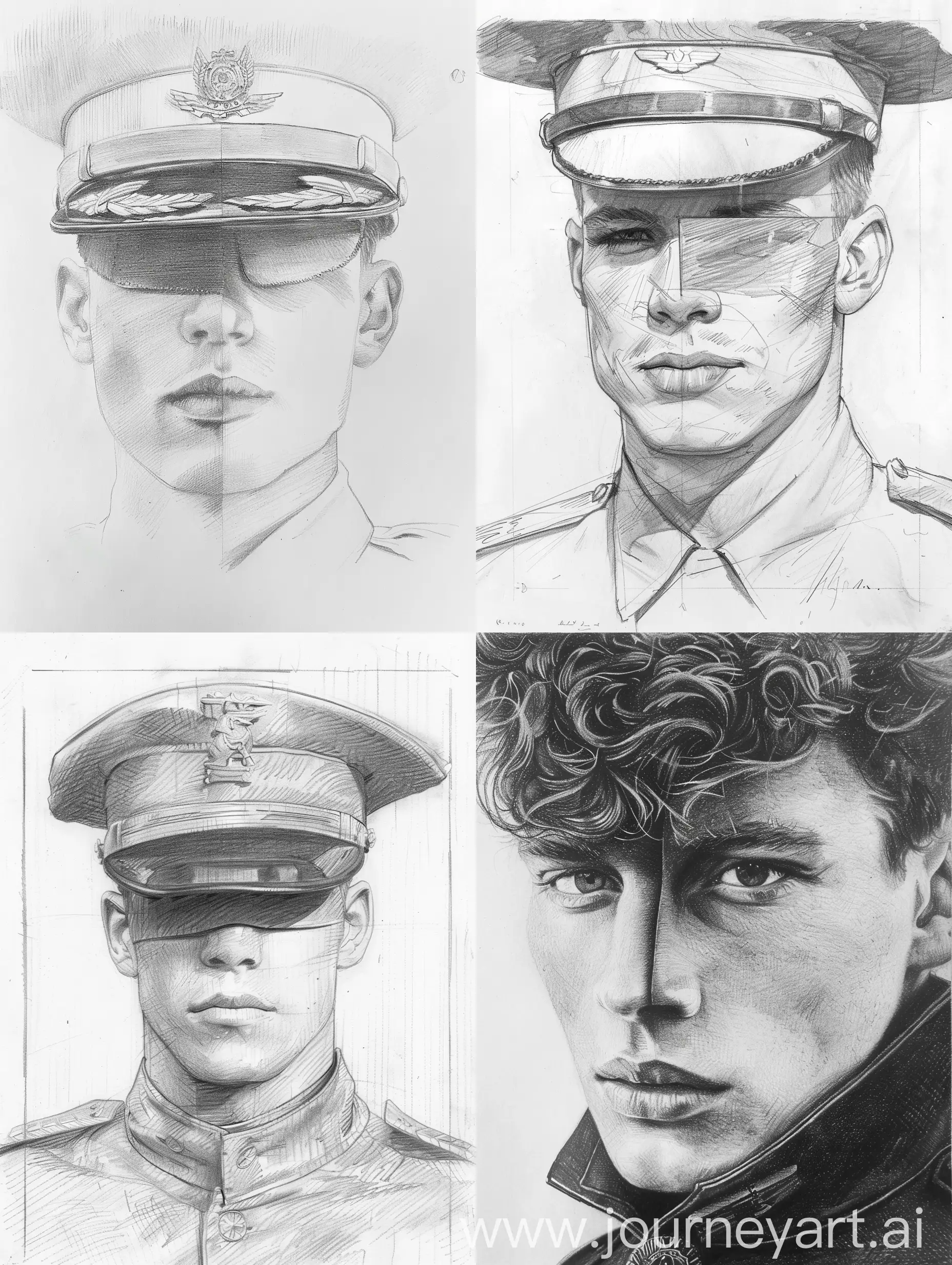 pencil drawing,handsome cadet with his eyes censored


