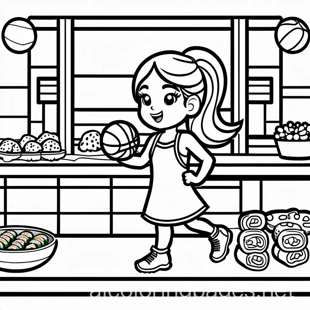 a girl playing basketball and eating sushi, Coloring Page, black and white, line art, white background, Simplicity, Ample White Space. The background of the coloring page is plain white to make it easy for young children to color within the lines. The outlines of all the subjects are easy to distinguish, making it simple for kids to color without too much difficulty