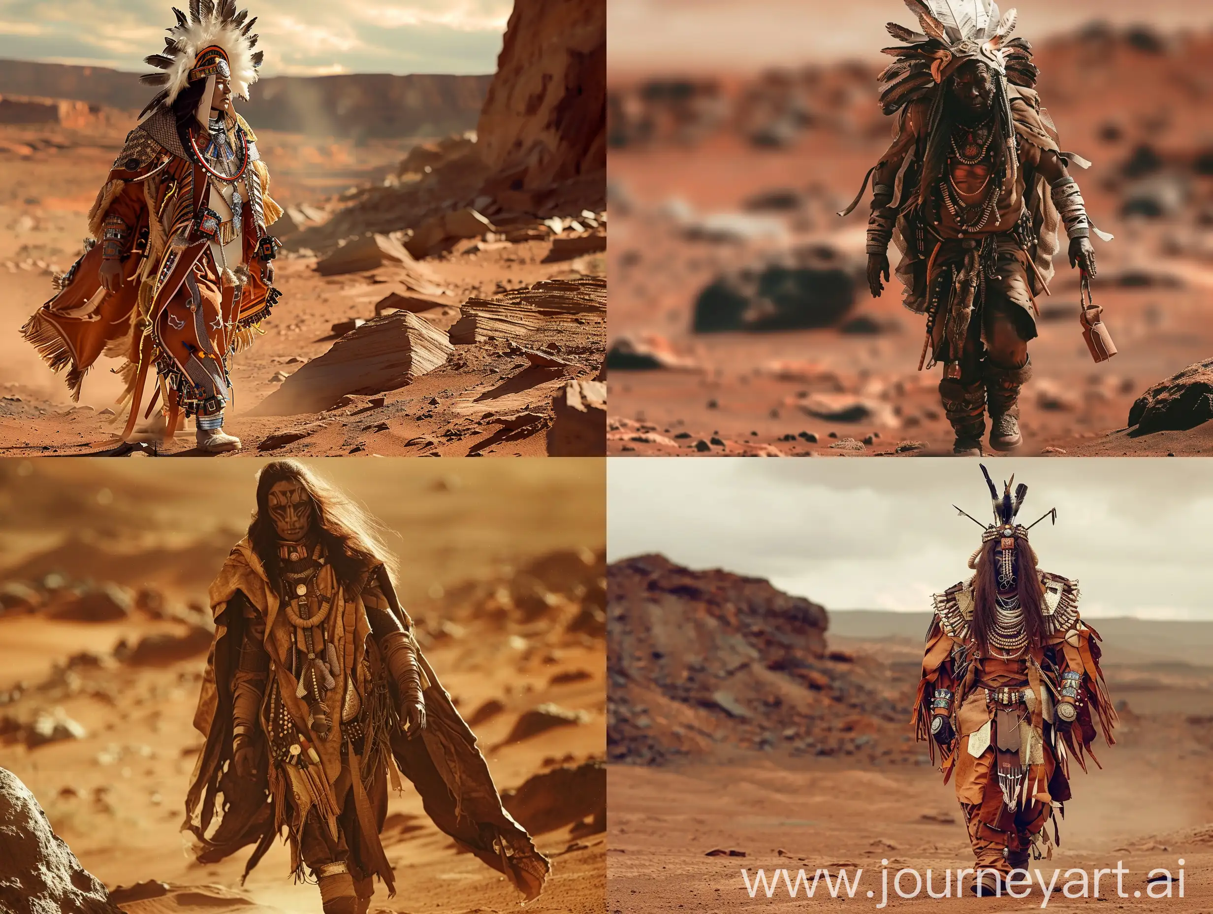 altaic shaman in his full shamanic outfit is walking on the surface of Mars, very realistic, closeup, wide angle, cinematic