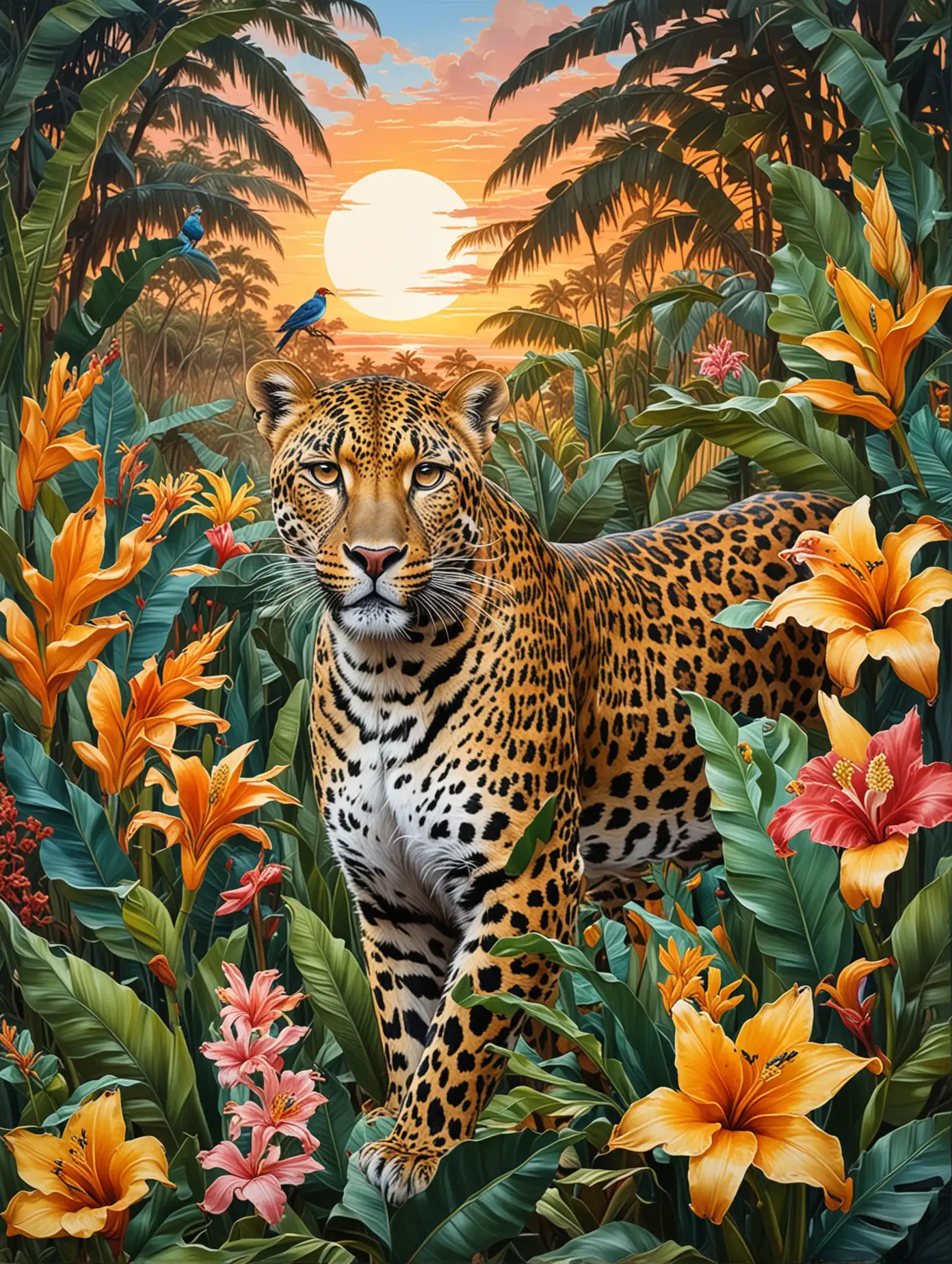 a painting done in an expressionist style of a leopard surrounded by banana leaves and tropical flowers and tropical birds, in the background a sunset