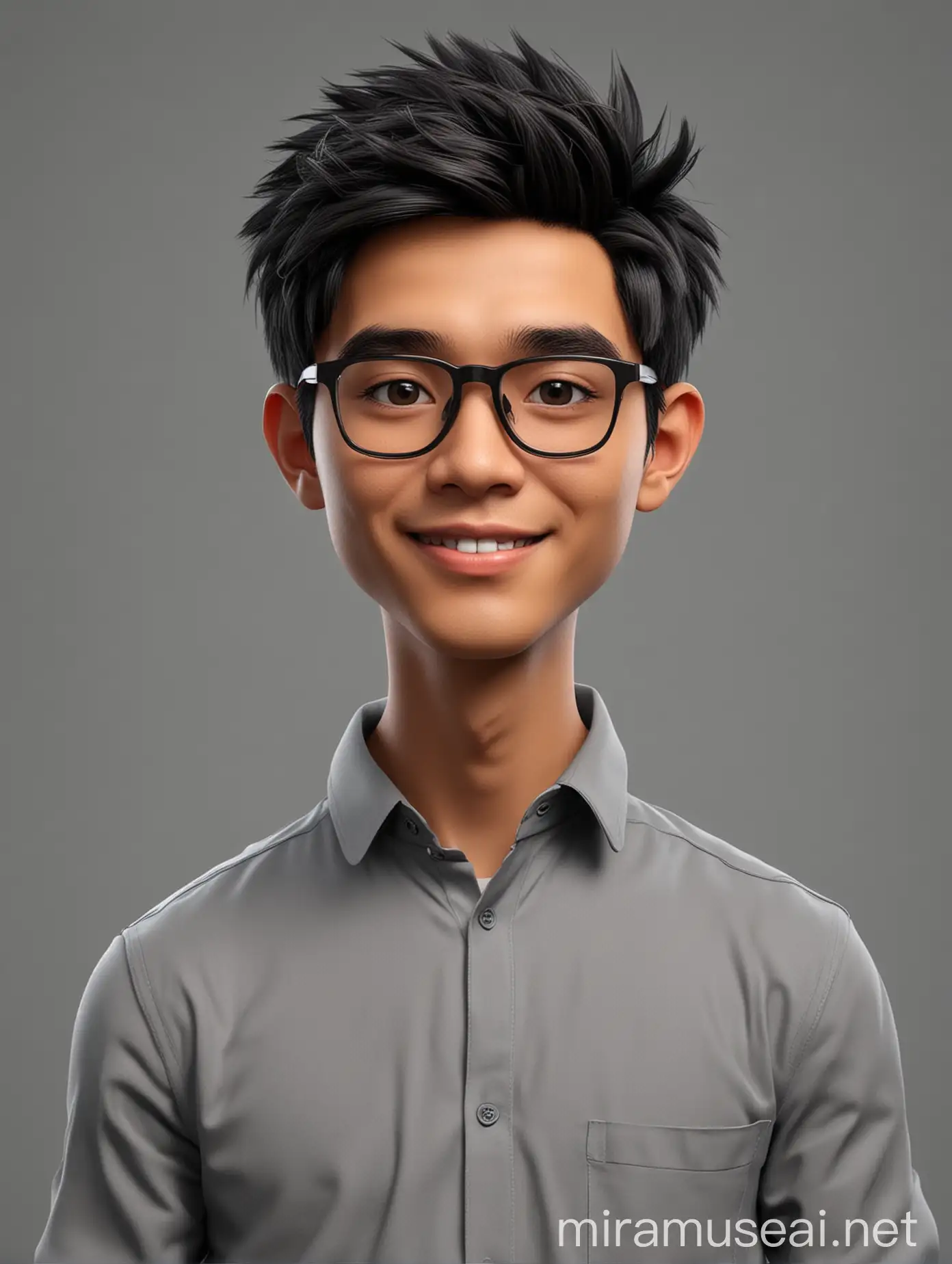 3d avatar karikatur, seorang pria Indonesia 20 tahun memakai kacamata berambut style Comma hair. Banckground warna abu2 polos foto studio. Gambar realistic