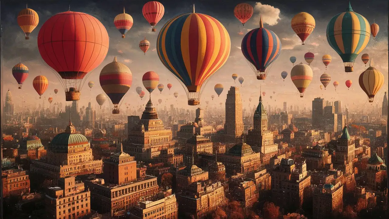 A Surrealism painting of hot air balloons floating over a large city, in the style of Man Ray.