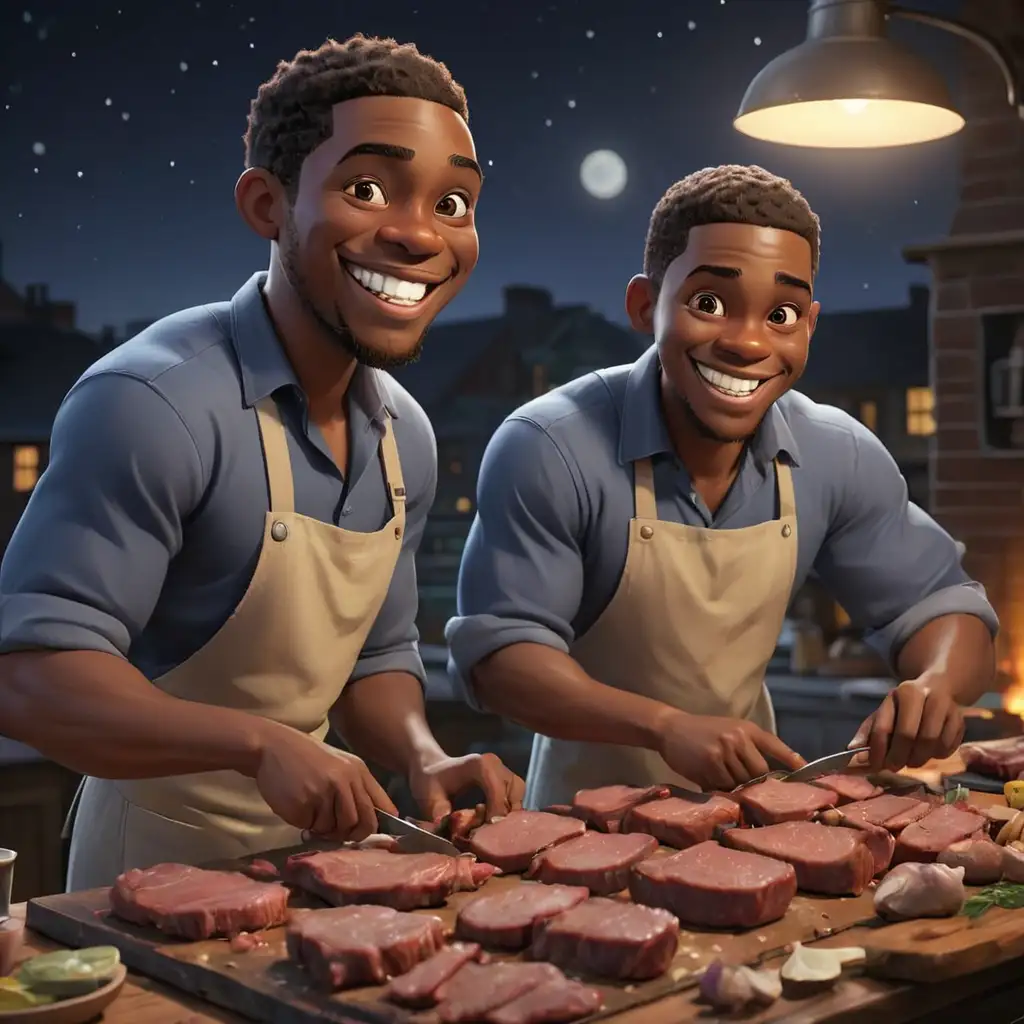 Smiling African American Men Cooking Meat Outdoors at Night in Cartoon Style