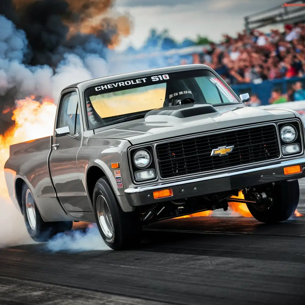 1980 light grey chevrolet s10, burning rear tires, smoke, speedway track, front lift